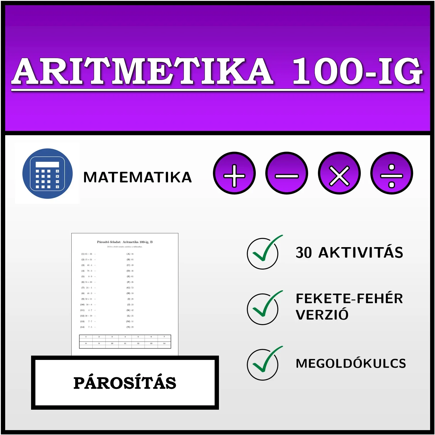 Párosító feladat: Aritmetika 100-ig