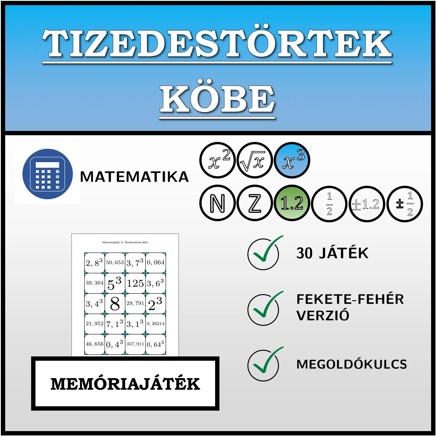 Memóriajáték: Tizedestörtek köbe