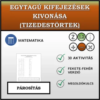 Párosító feladat: Egytagú kifejezések kivonása (tizedestörtek)