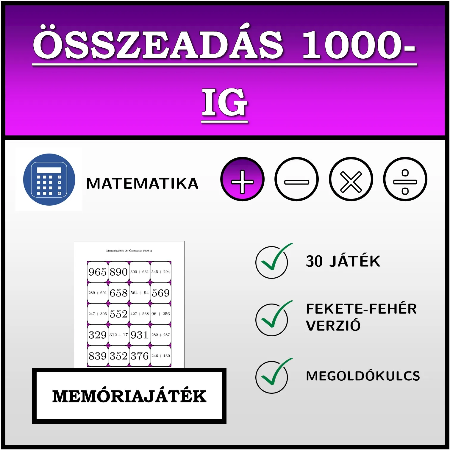 Memóriajáték: Összeadás 1000-ig