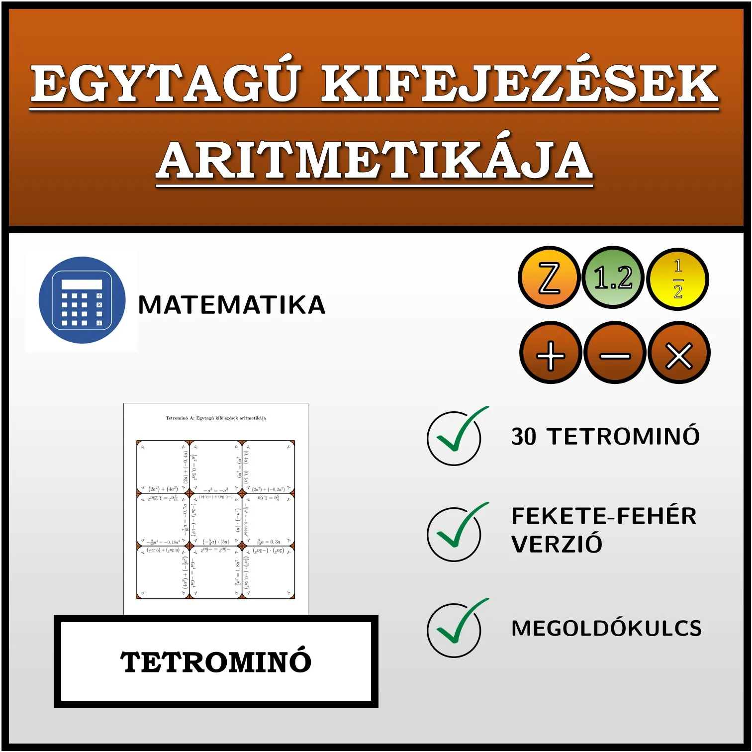 Tetrominó: Egytagú kifejezések aritmetikája