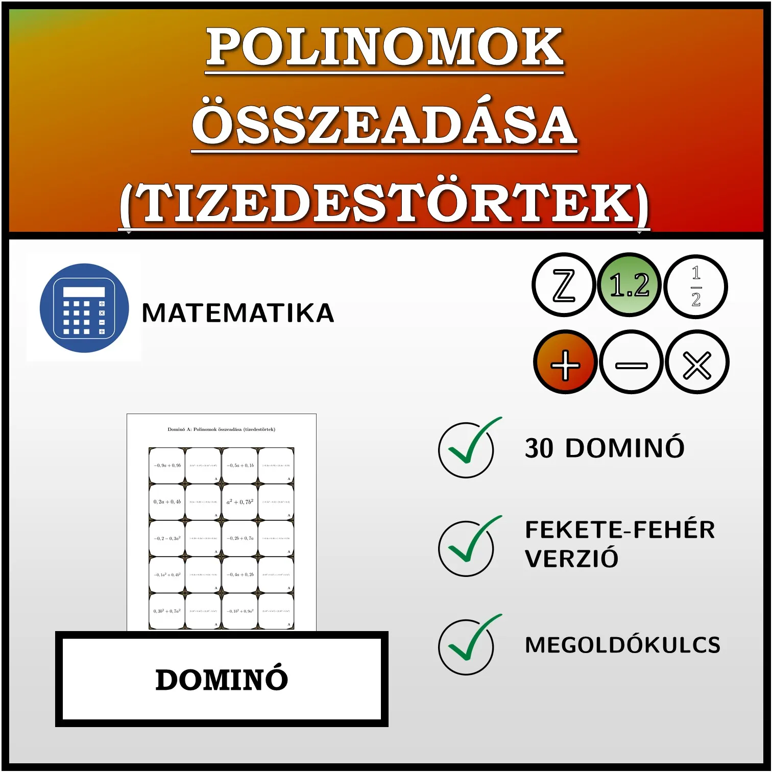 Dominó: Polinomok összeadása (tizedestörtek)