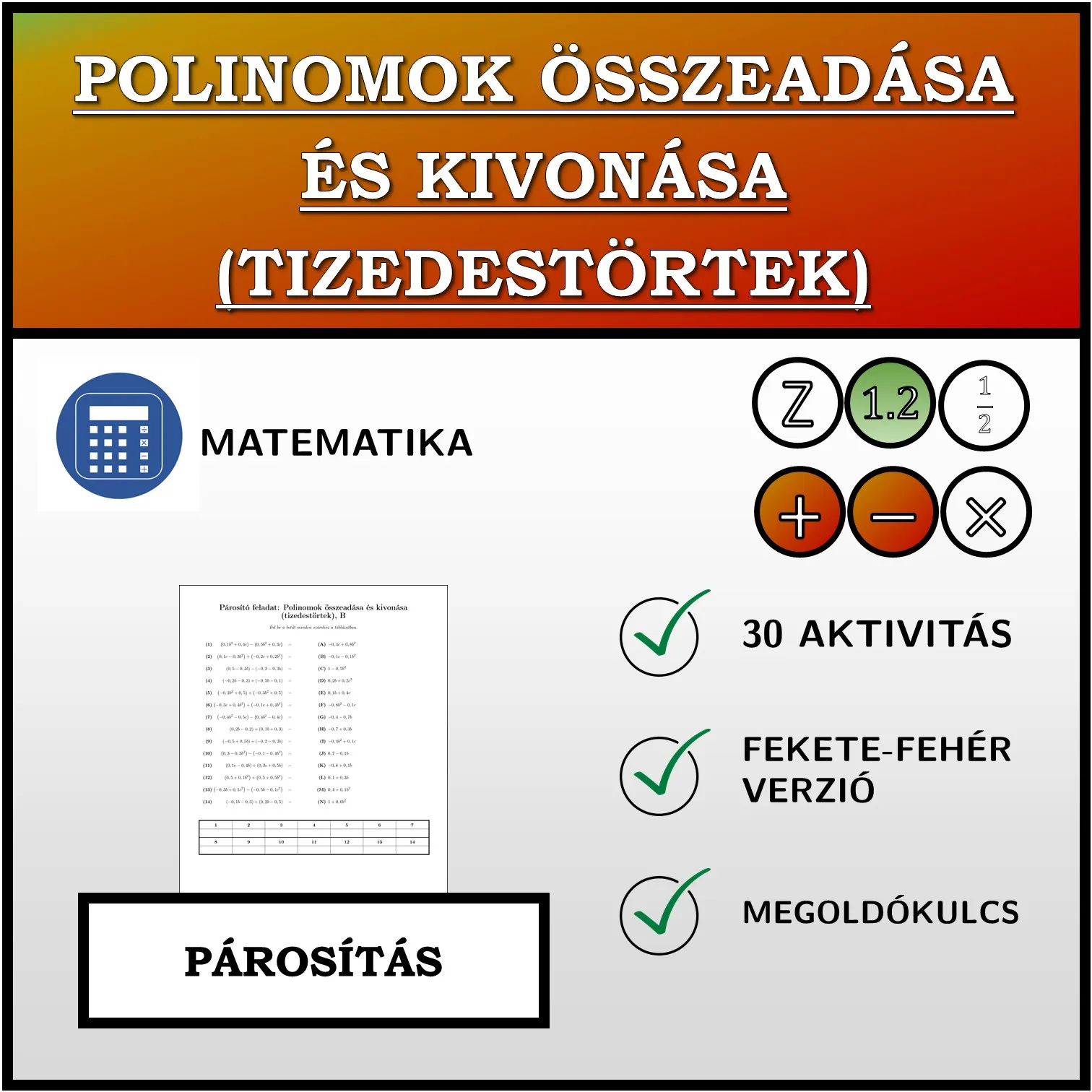 Párosító feladat: Polinomok összeadása és kivonása (tizedestörtek)