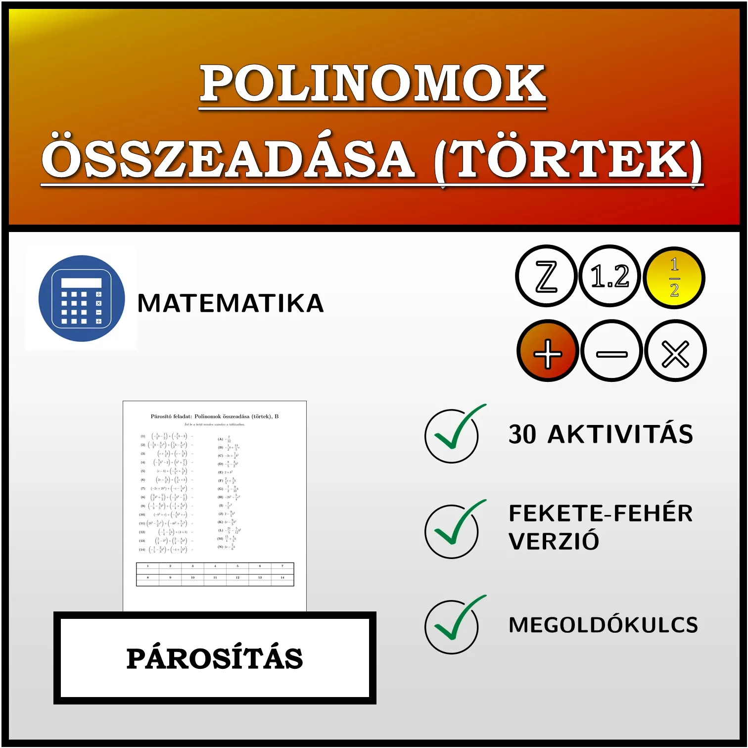 Párosító feladat: Polinomok összeadása (törtek)