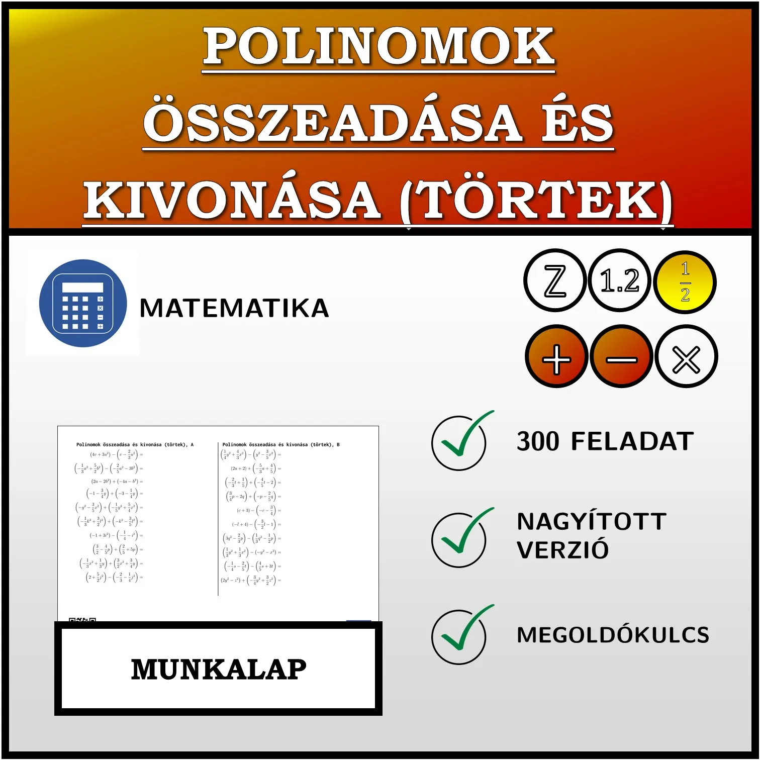 Munkalap: Polinomok összeadása és kivonása (törtek)