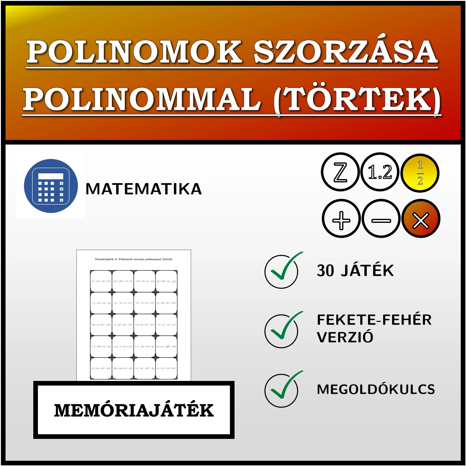 Memóriajáték: Polinomok szorzása polinommal (törtek)