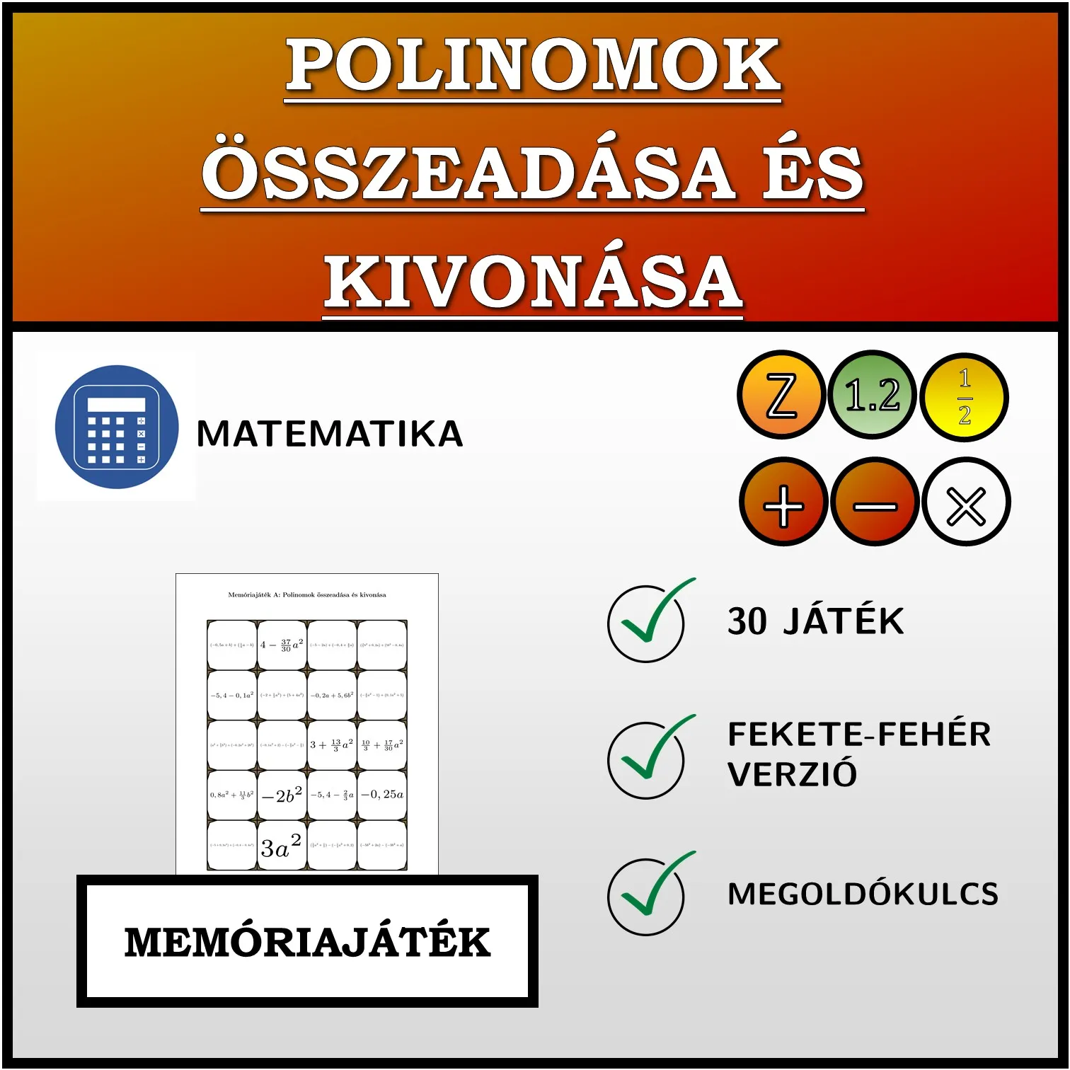 Memóriajáték: Polinomok összeadása és kivonása