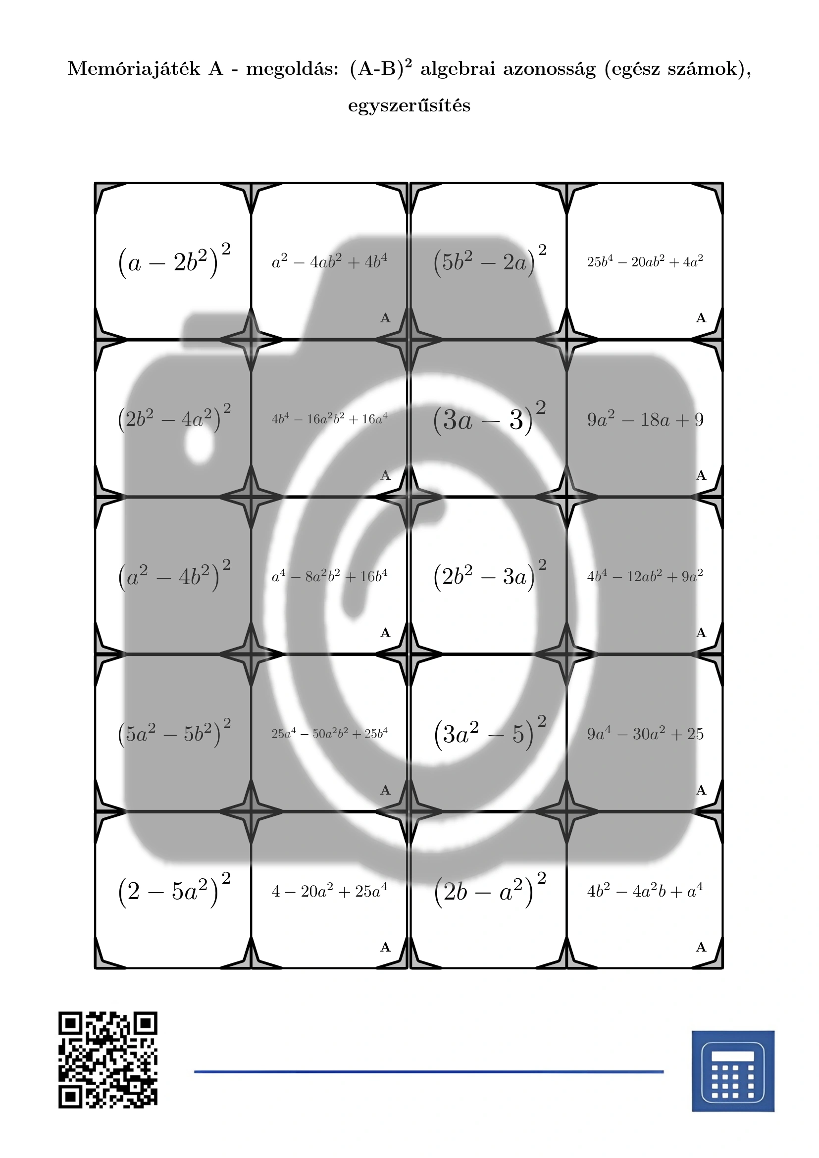 Memóriajáték: (A-B)² algebrai azonosság (egész számok), egyszerűsítés - Image 4