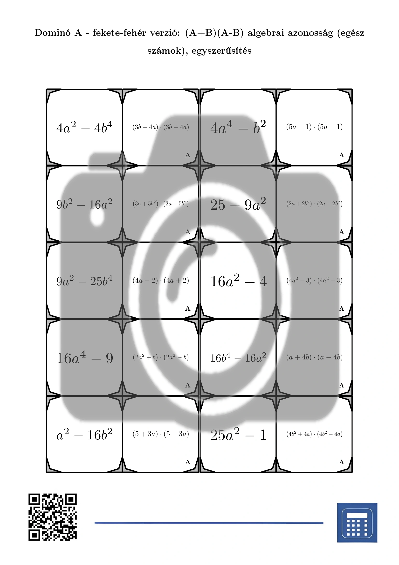 Dominó: (A+B)(A-B) algebrai azonosság (egész számok), egyszerűsítés - Image 3