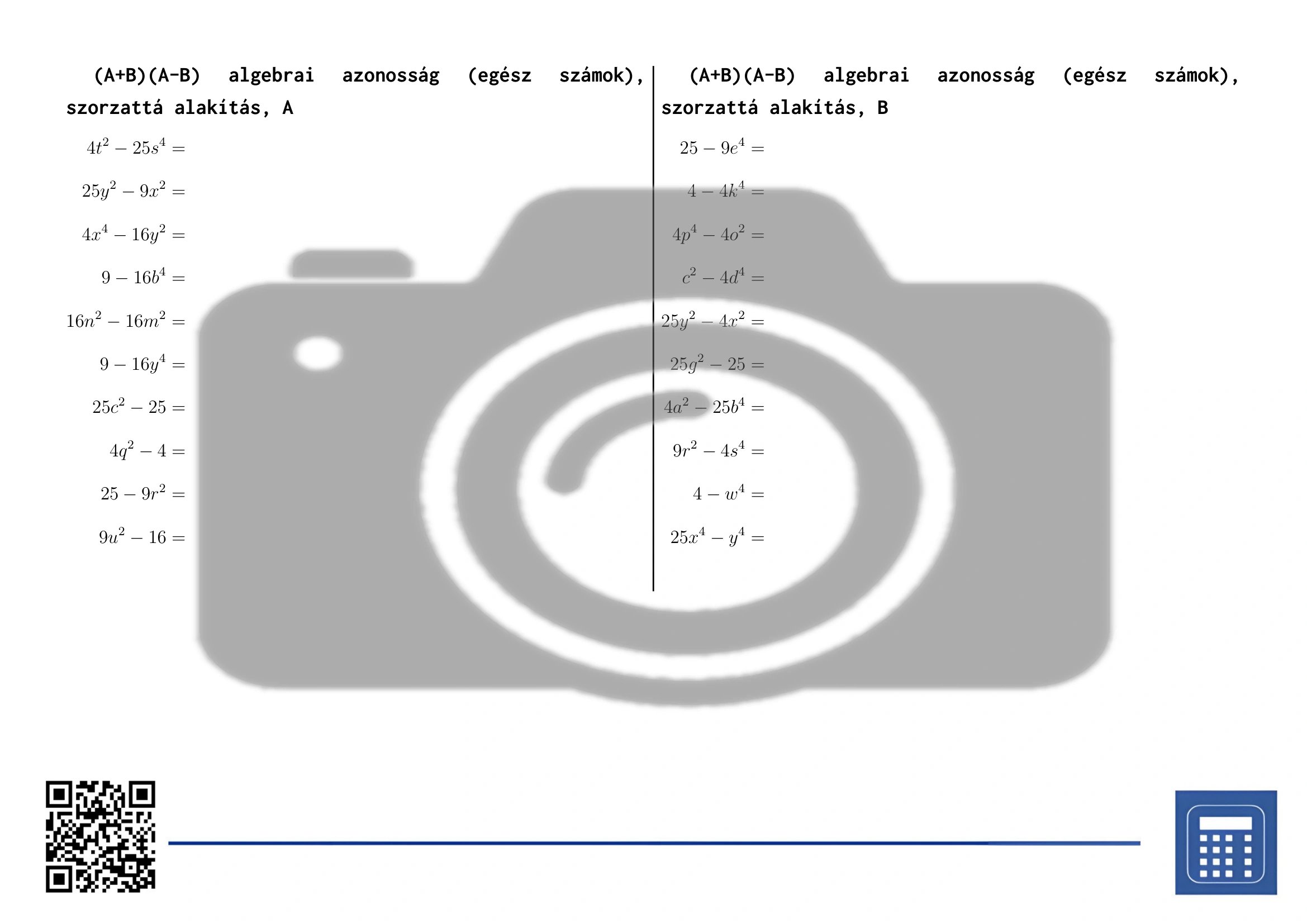 Munkalap: (A+B)(A-B) algebrai azonosság (egész számok), szorzattá alakítás - Image 2