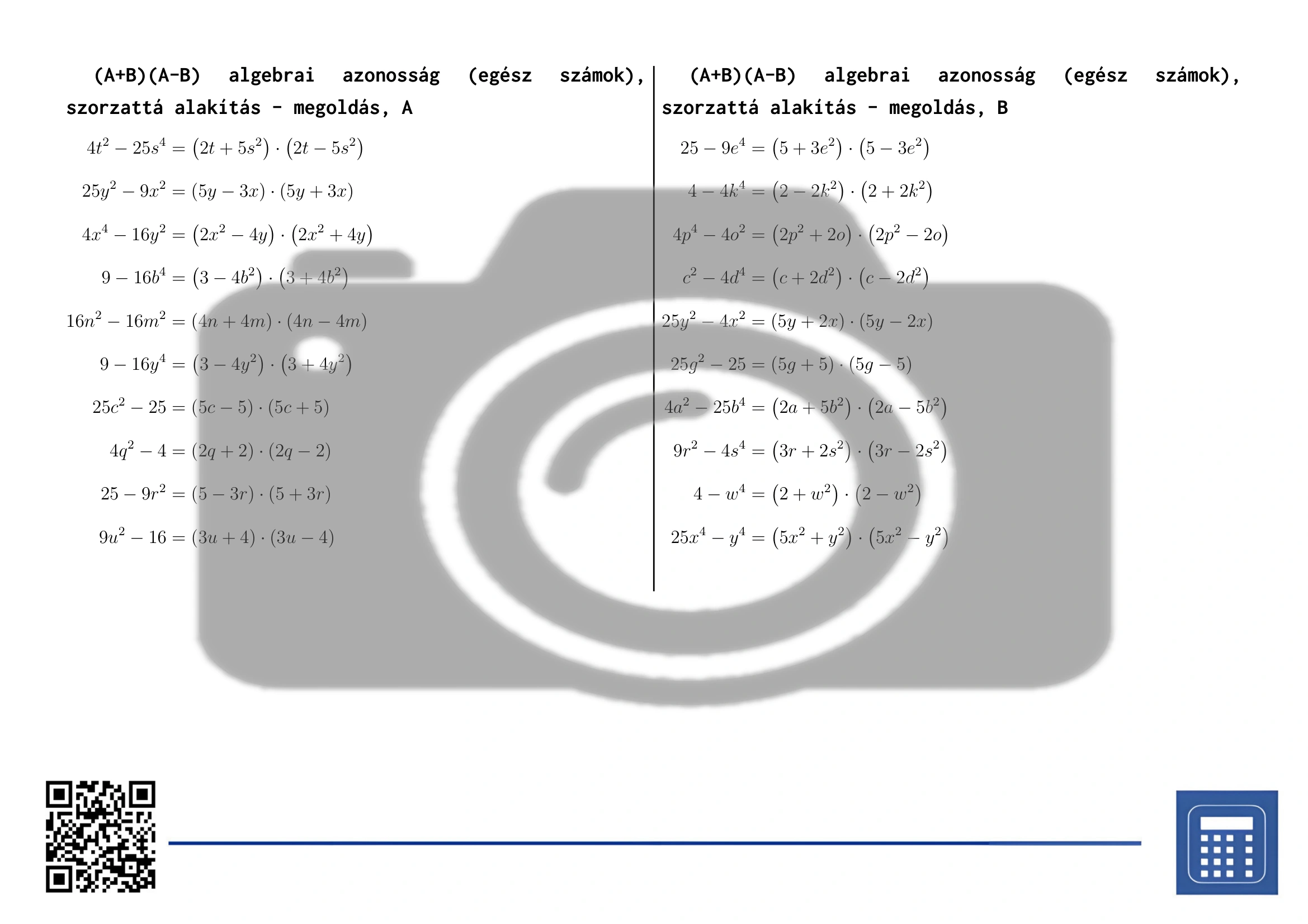 Munkalap: (A+B)(A-B) algebrai azonosság (egész számok), szorzattá alakítás - Image 4
