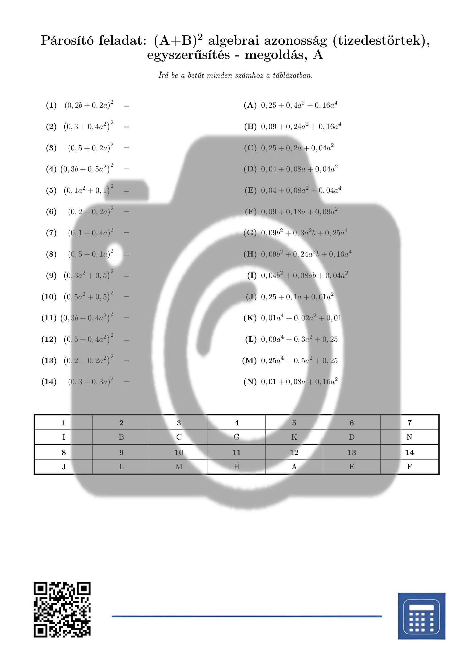 Párosító feladat: (A+B)² algebrai azonosság (tizedestörtek), egyszerűsítés - Image 3