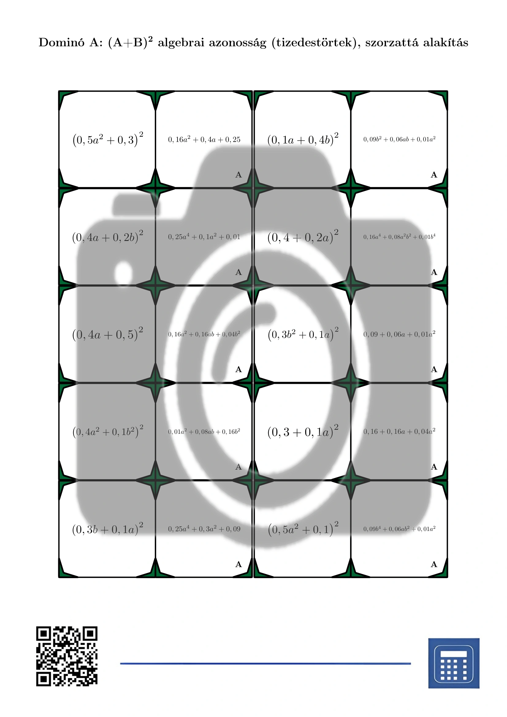 Dominó: (A+B)² algebrai azonosság (tizedestörtek), szorzattá alakítás - Image 2