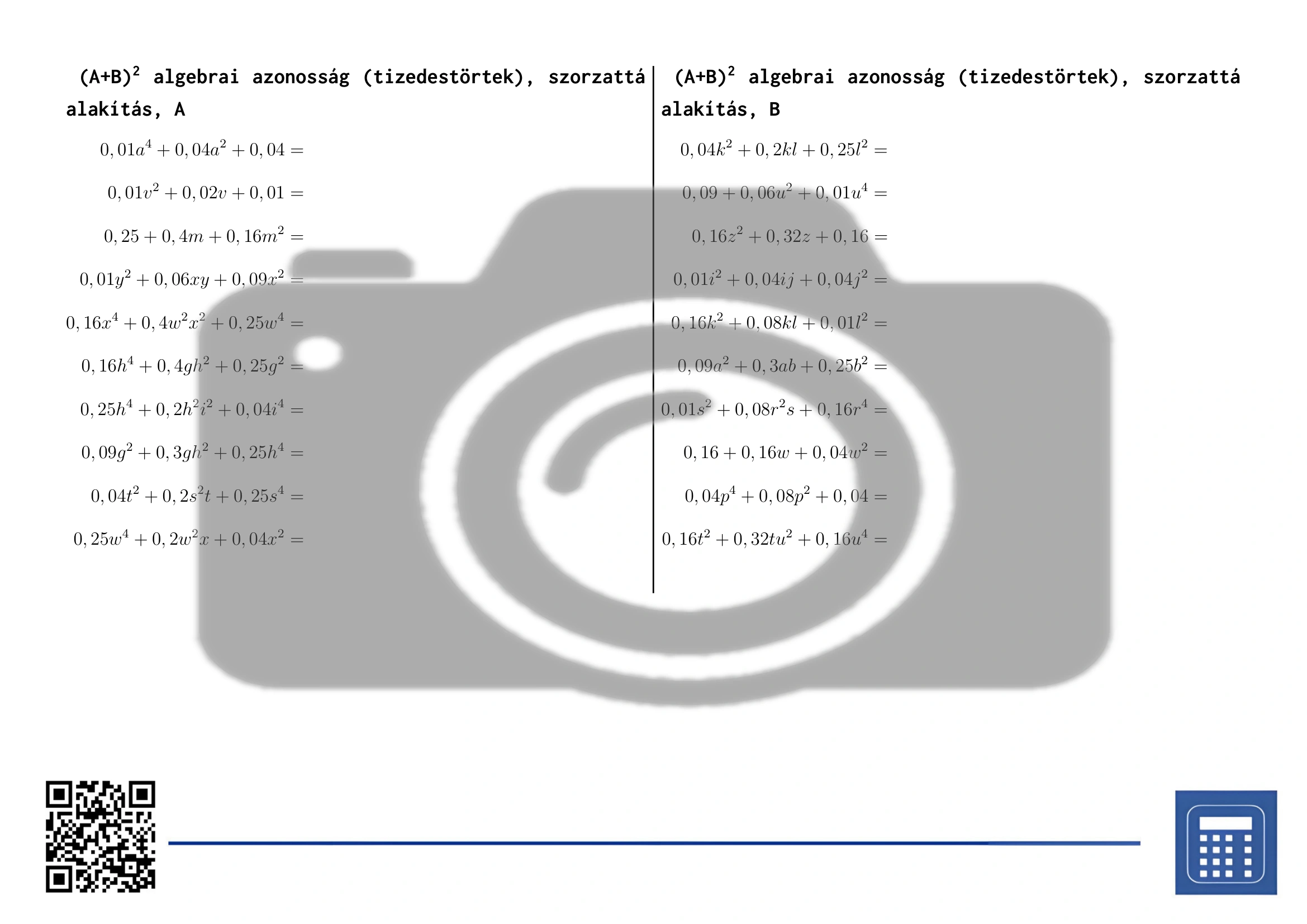 Munkalap: (A+B)² algebrai azonosság (tizedestörtek), szorzattá alakítás - Image 2