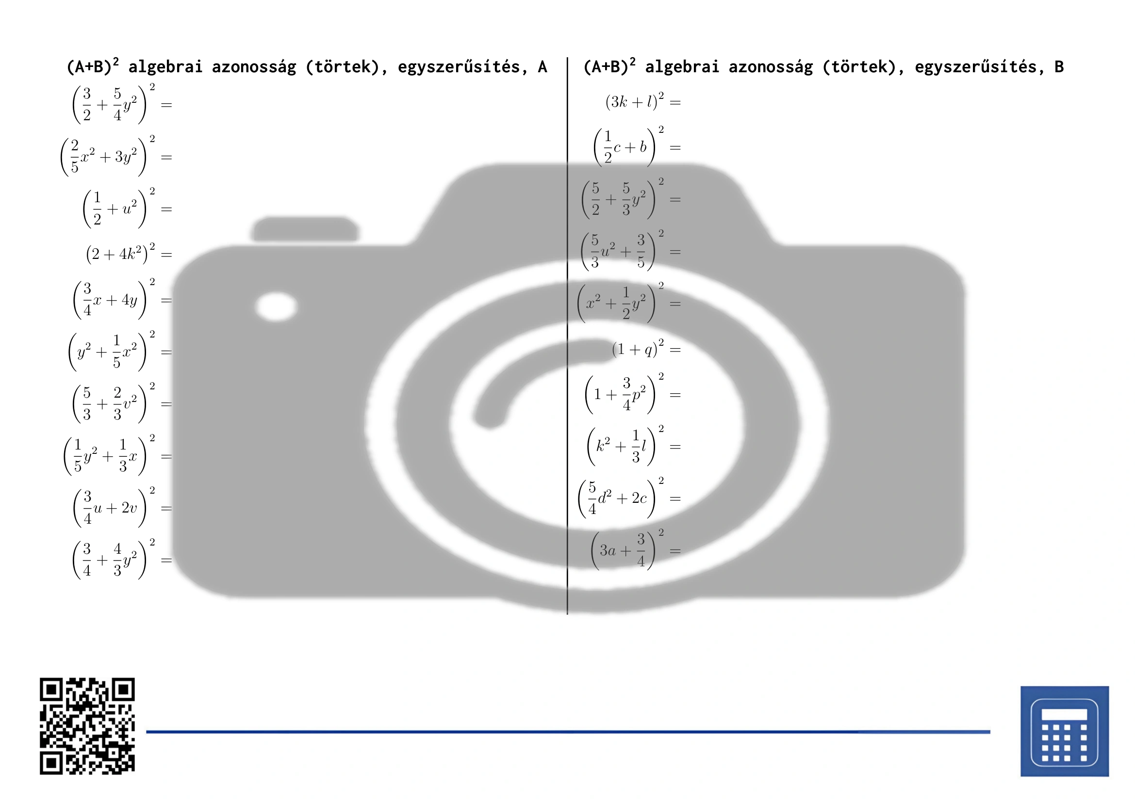 Munkalap: (A+B)² algebrai azonosság (törtek), egyszerűsítés - Image 2