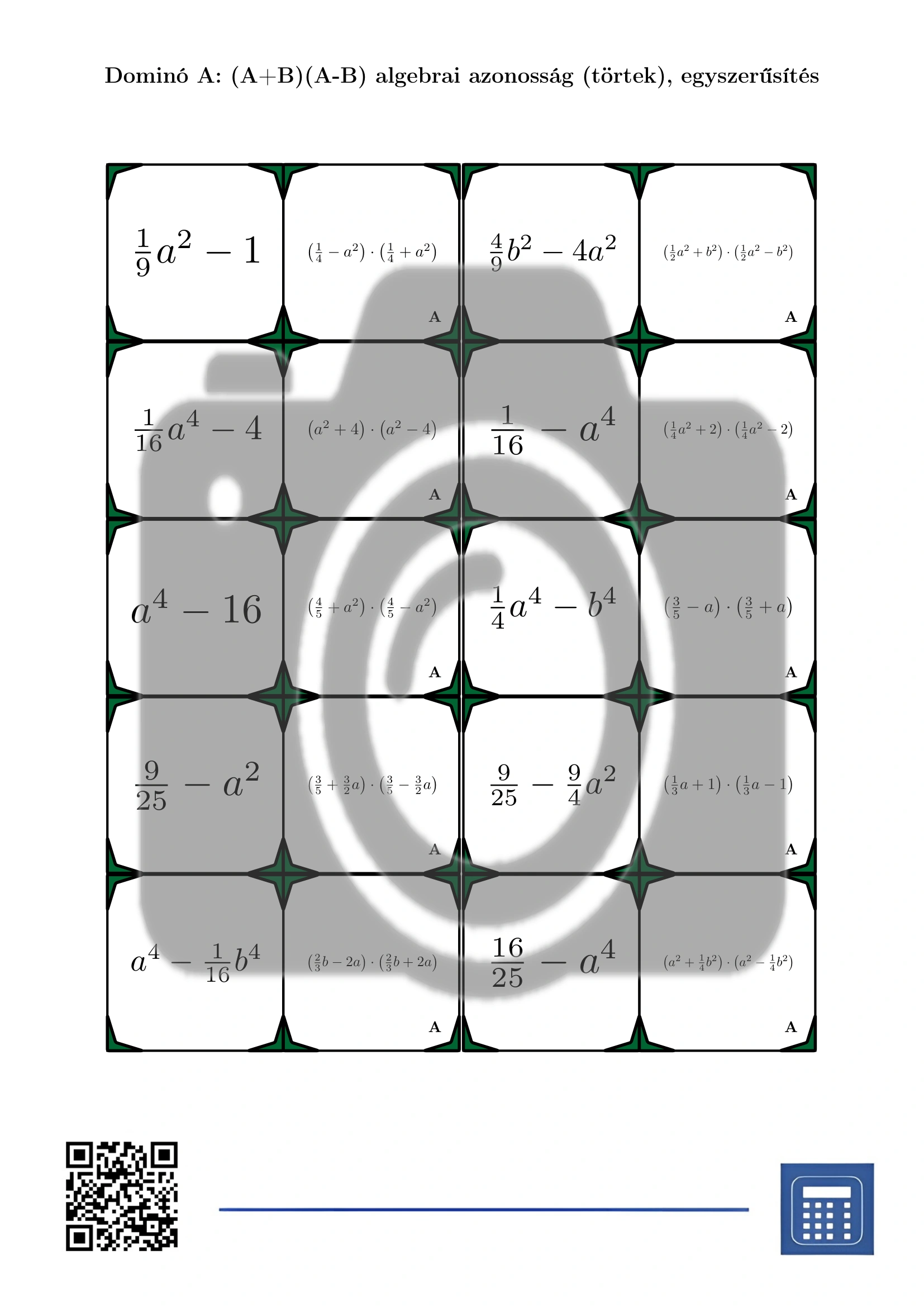 Dominó: (A+B)(A-B) algebrai azonosság (törtek), egyszerűsítés - Image 2