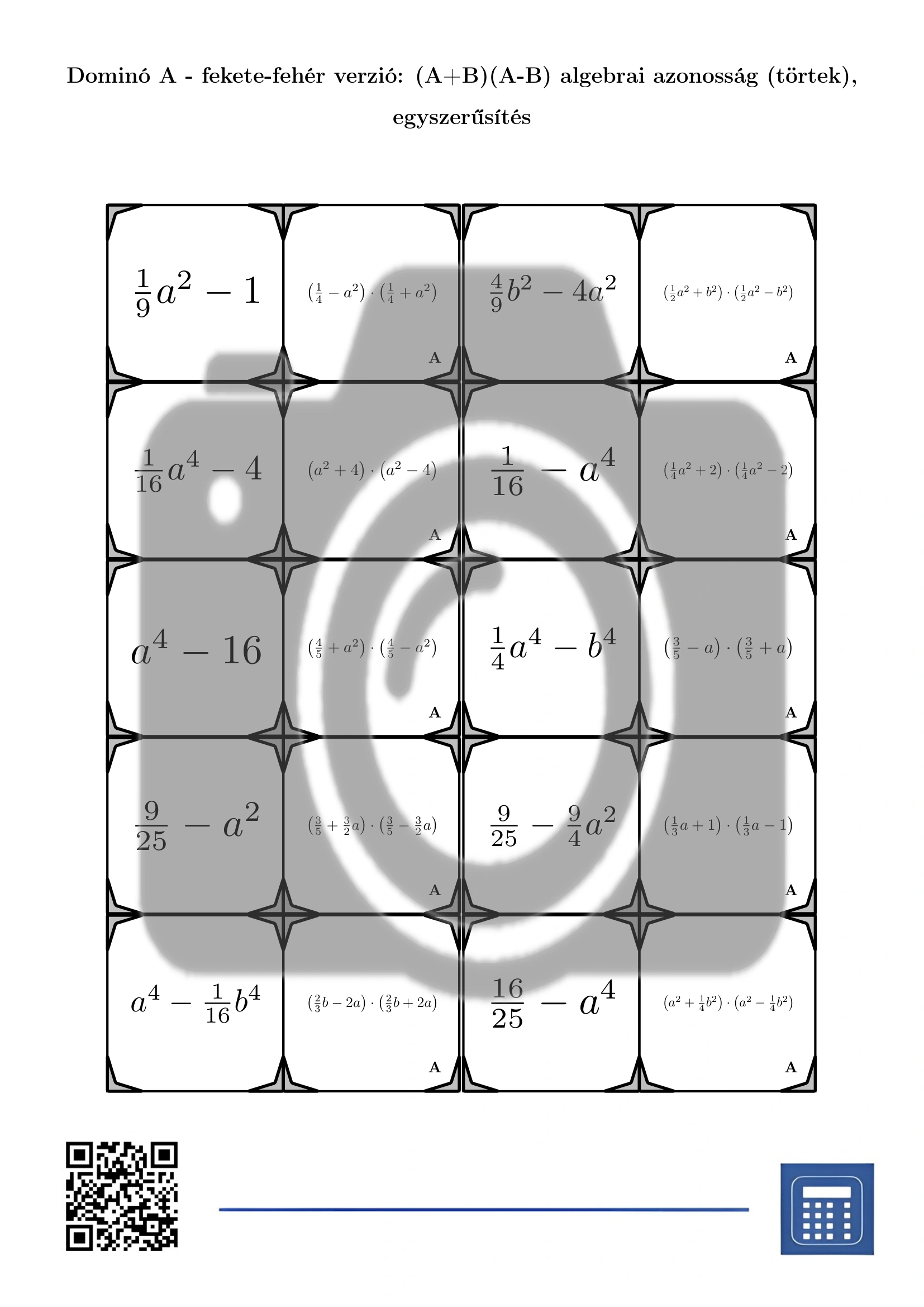 Dominó: (A+B)(A-B) algebrai azonosság (törtek), egyszerűsítés - Image 3
