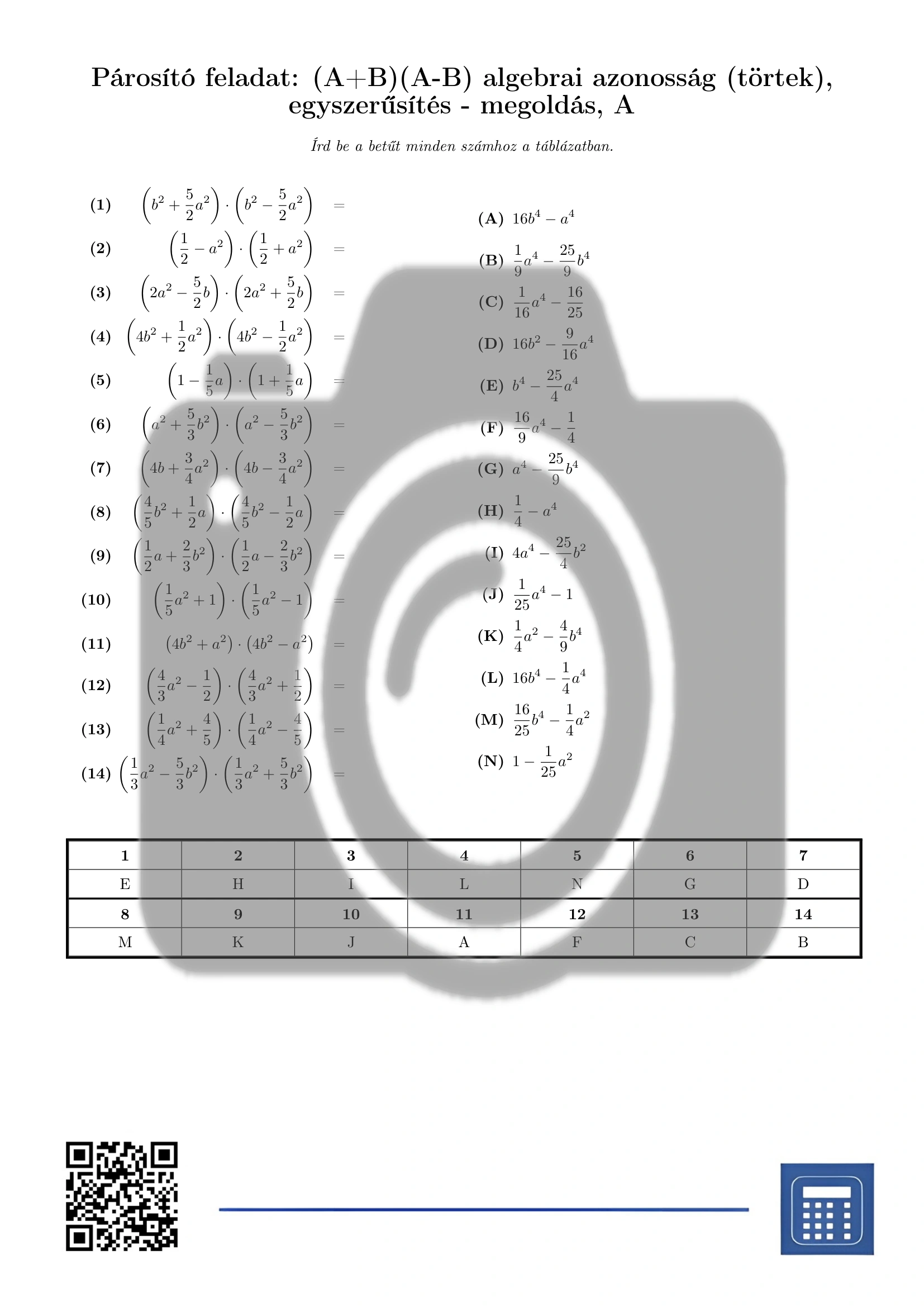 Párosító feladat: (A+B)(A-B) algebrai azonosság (törtek), egyszerűsítés - Image 3