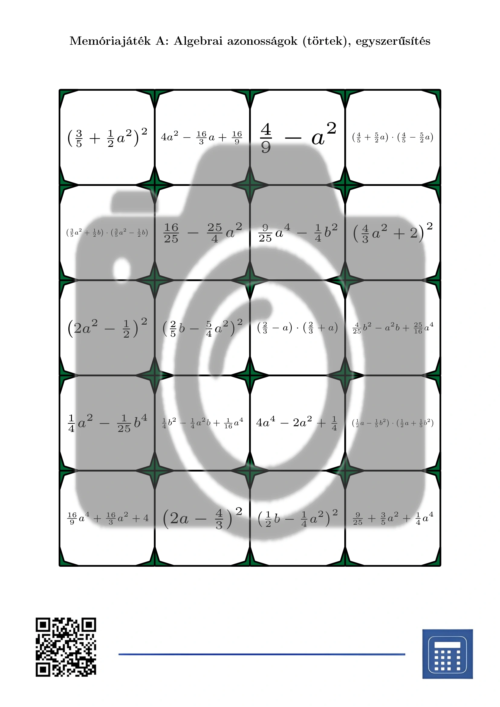 Memóriajáték: Algebrai azonosságok (törtek), egyszerűsítés - Image 2