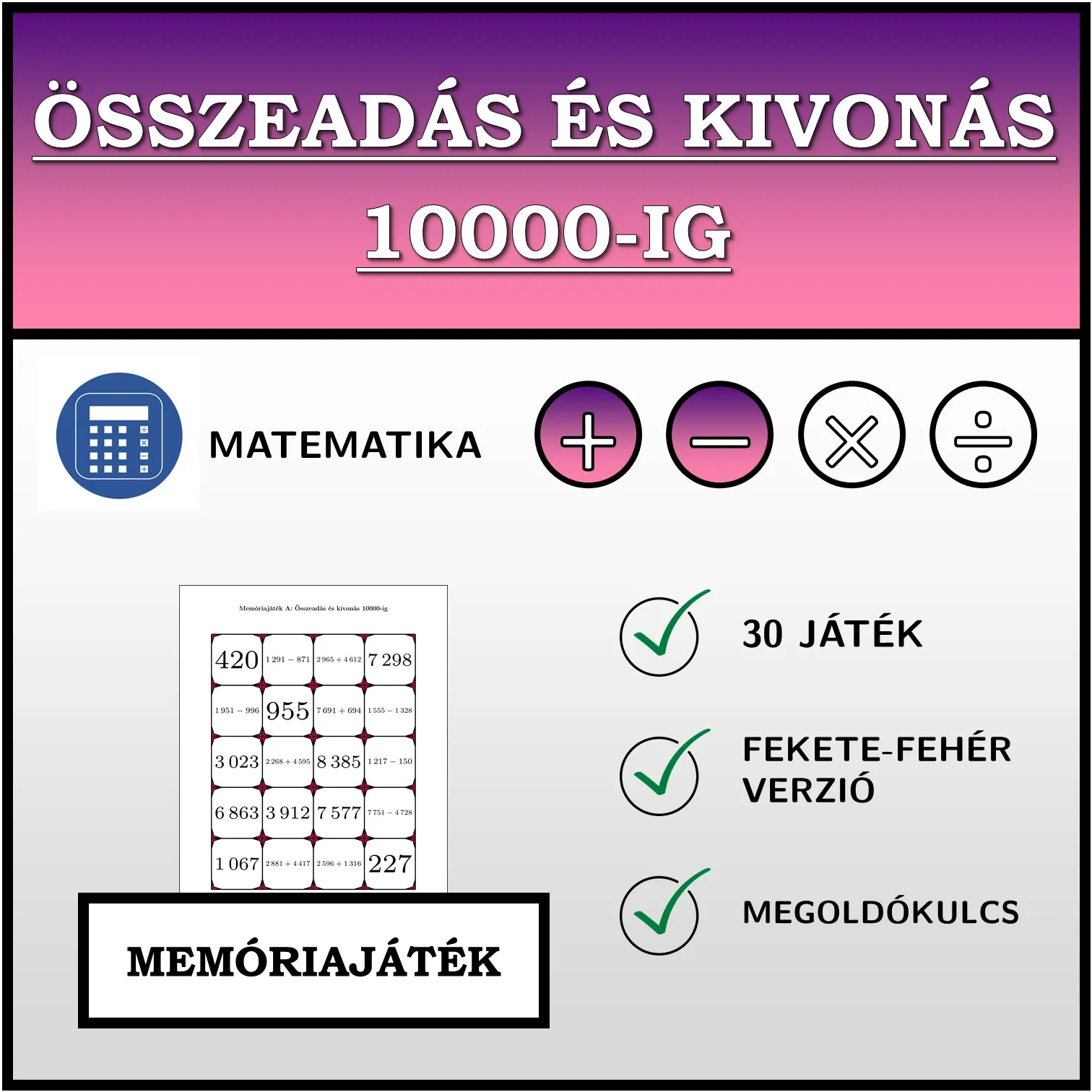 Memóriajáték: Összeadás és kivonás 10000-ig