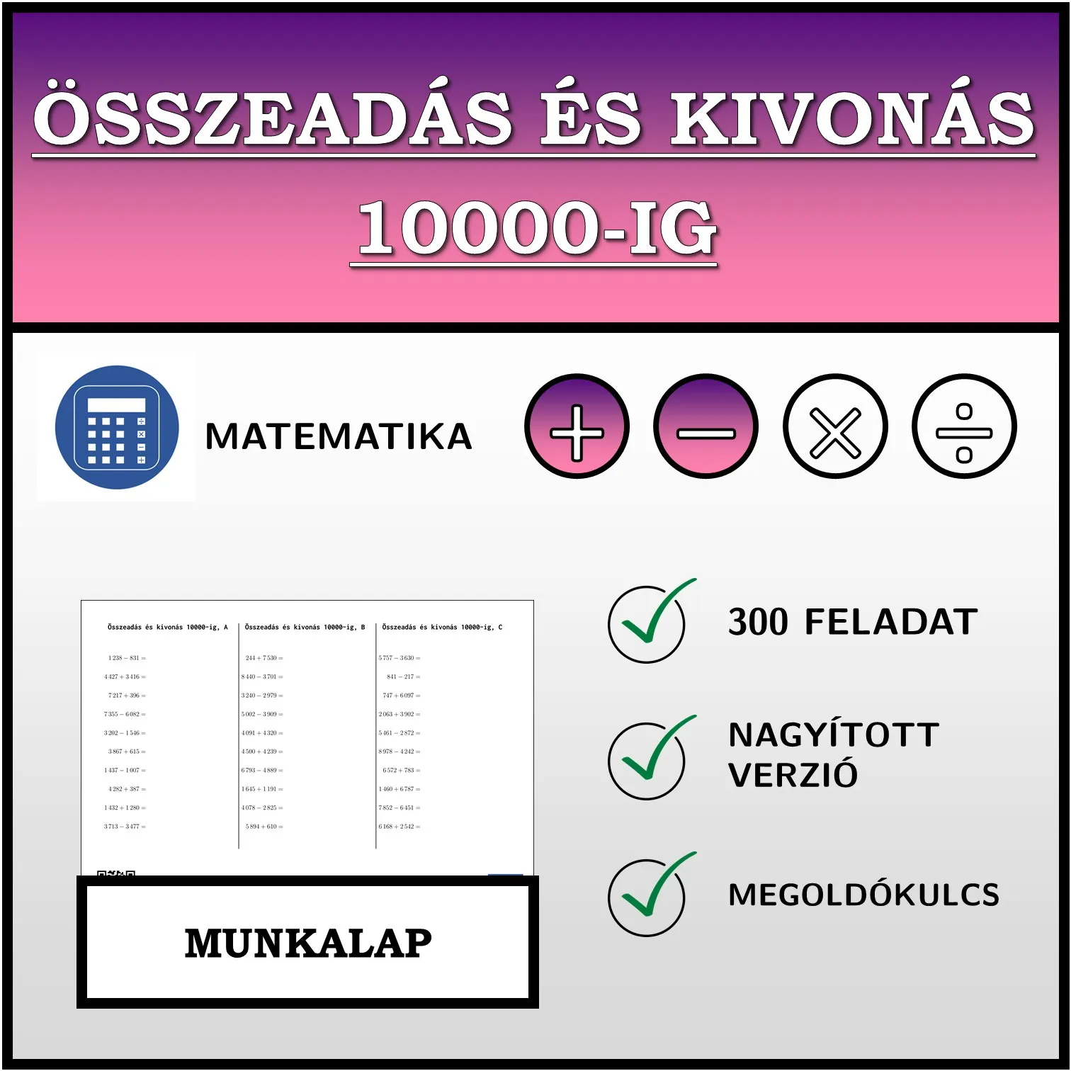 Munkalap: Összeadás és kivonás 10000-ig