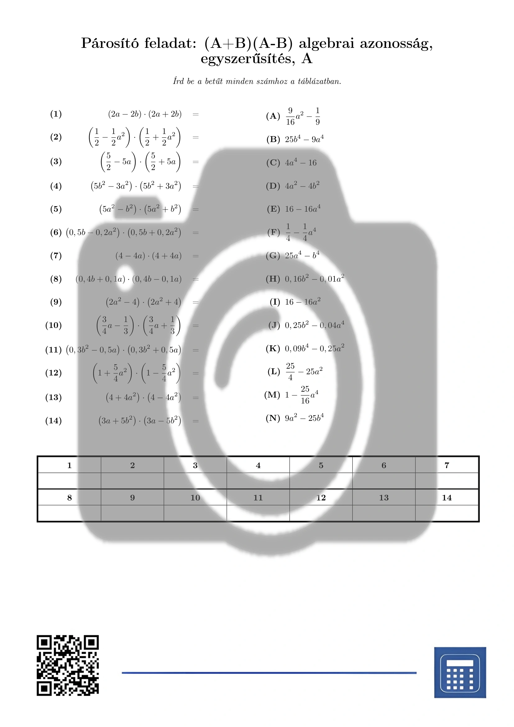Párosító feladat: (A+B)(A-B) algebrai azonosság, egyszerűsítés - Image 2