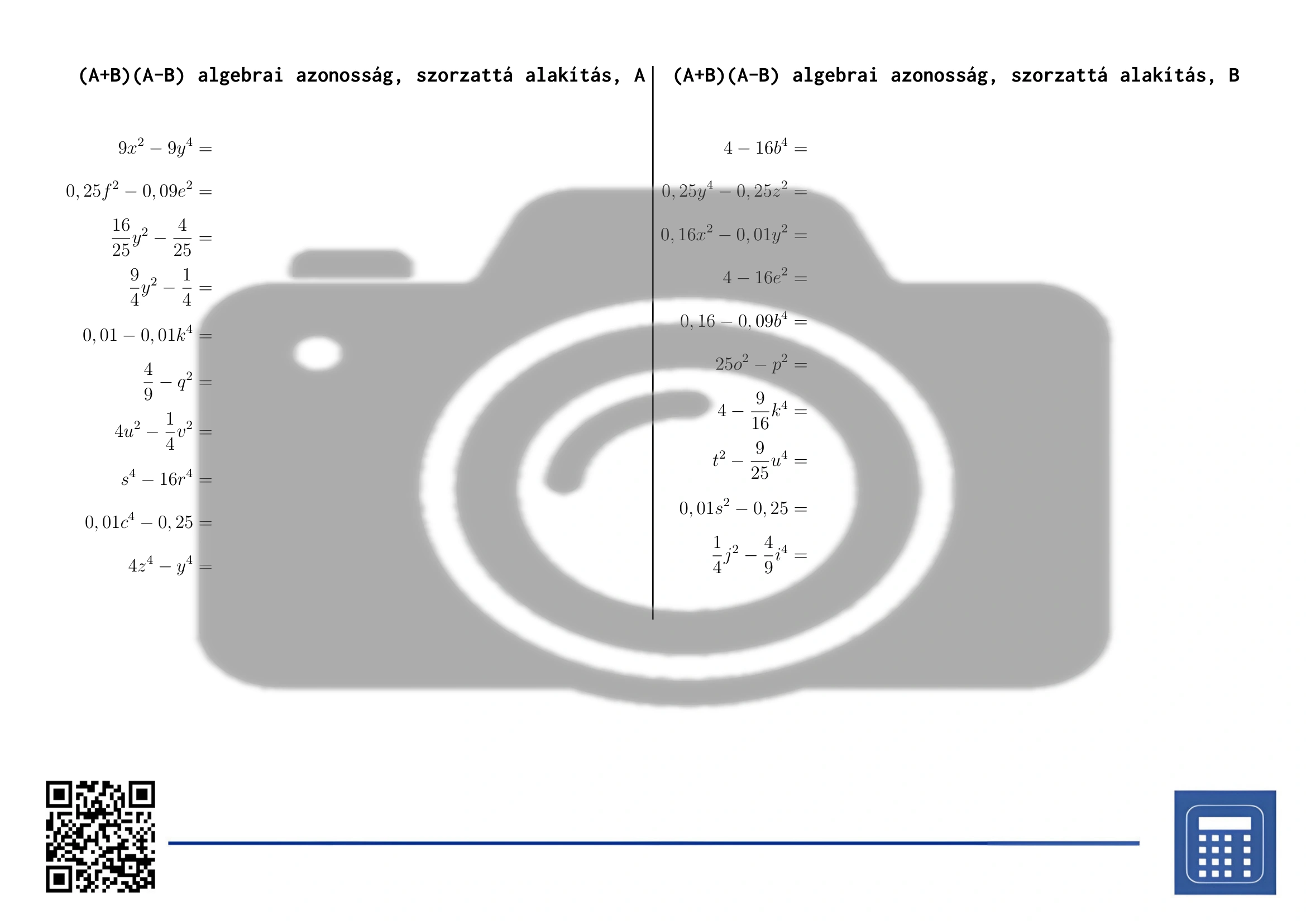 Munkalap: (A+B)(A-B) algebrai azonosság, szorzattá alakítás - Image 2