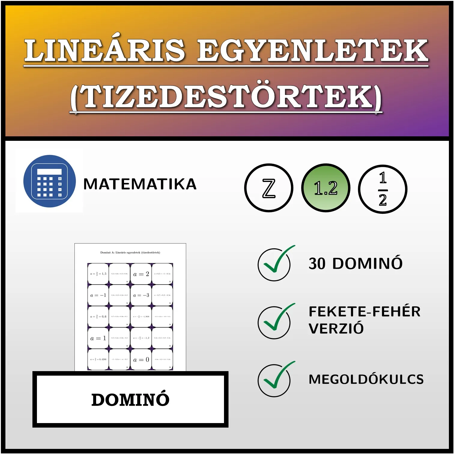 Dominó: Lineáris egyenletek (tizedestörtek)