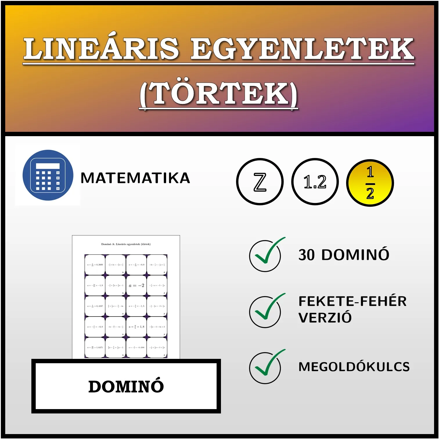 Dominó: Lineáris egyenletek (törtek)