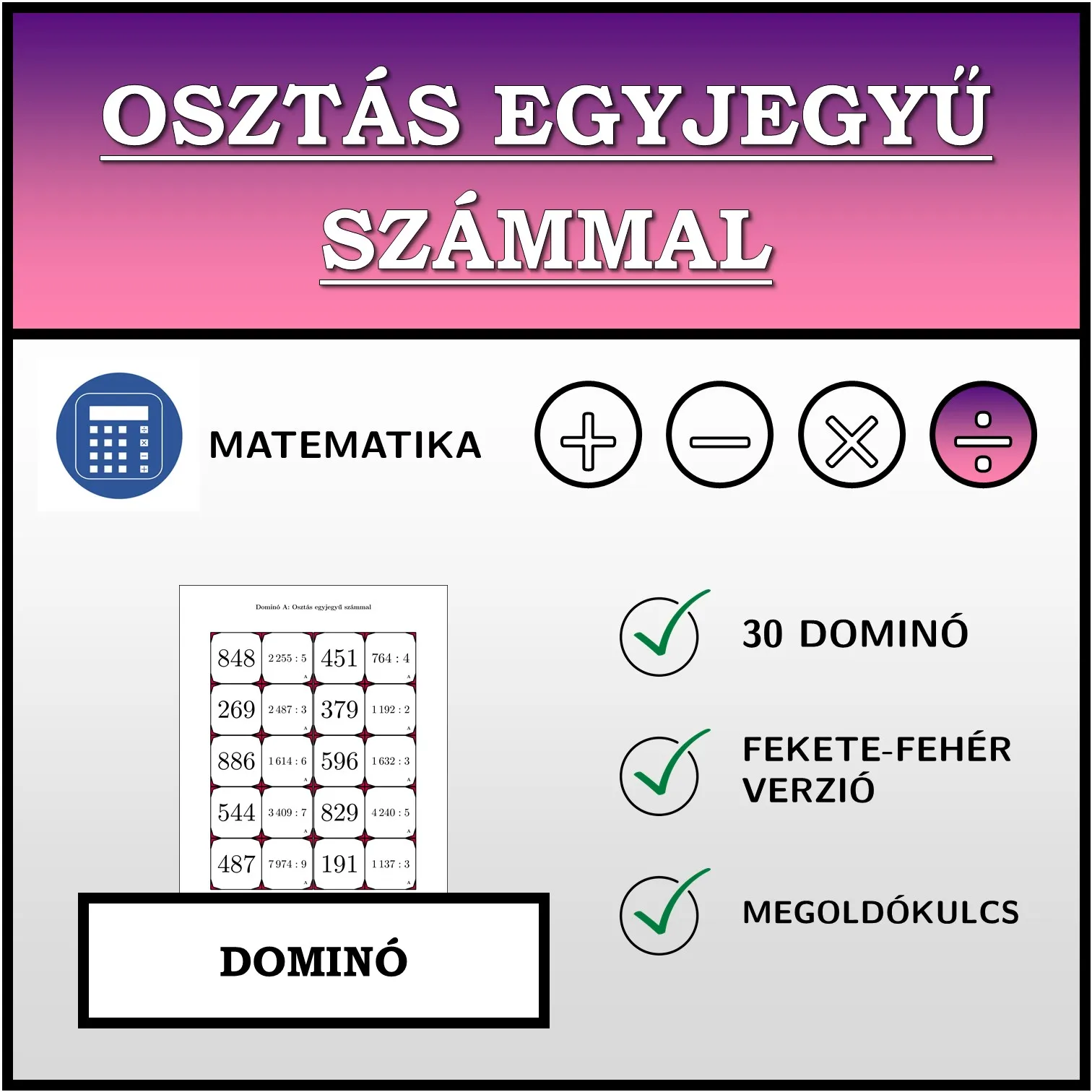 Dominó: Osztás egyjegyű számmal