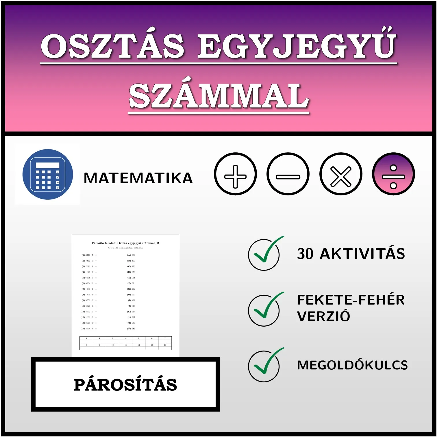 Párosító feladat: Osztás egyjegyű számmal