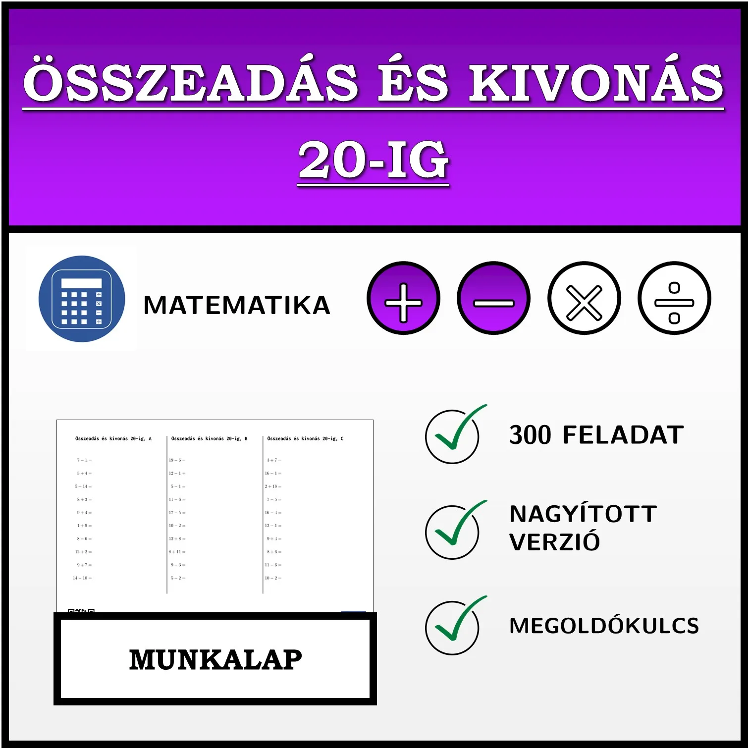 Munkalap: Összeadás és kivonás 20-ig
