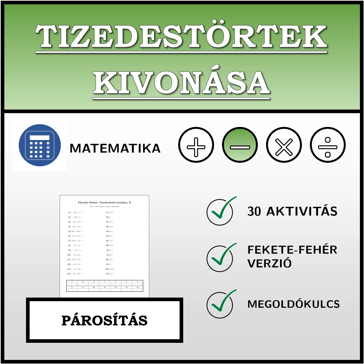Párosító feladat: Tizedestörtek kivonása