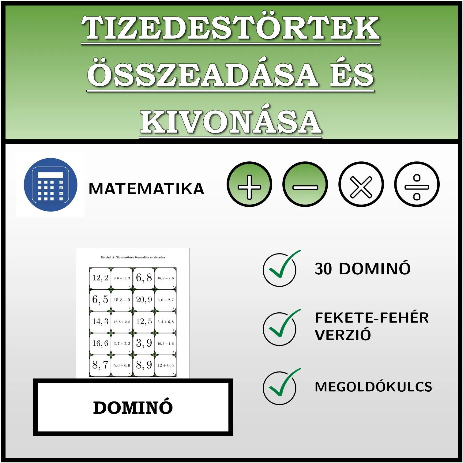 Dominó: Tizedestörtek összeadása és kivonása