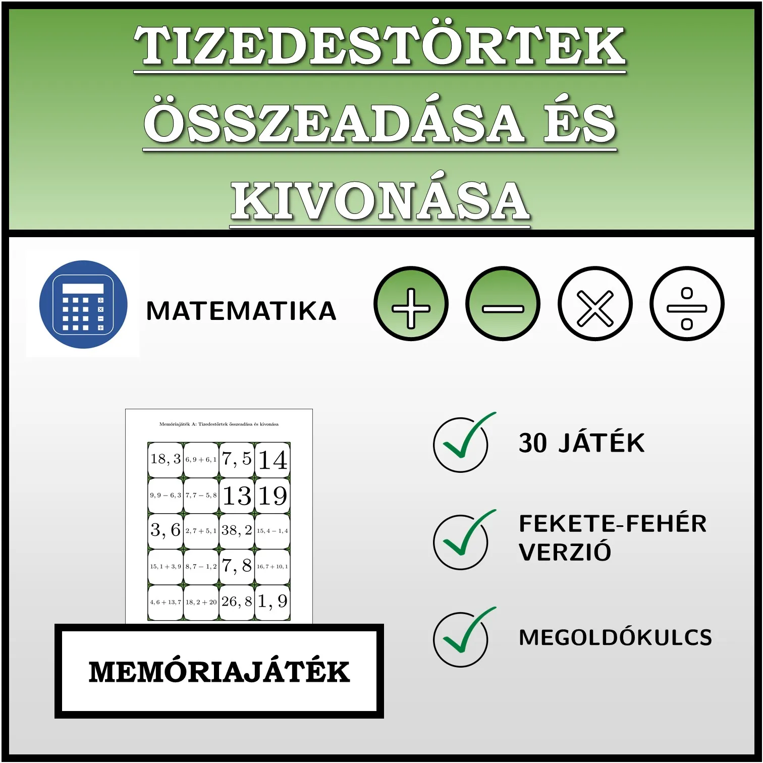 Memóriajáték: Tizedestörtek összeadása és kivonása