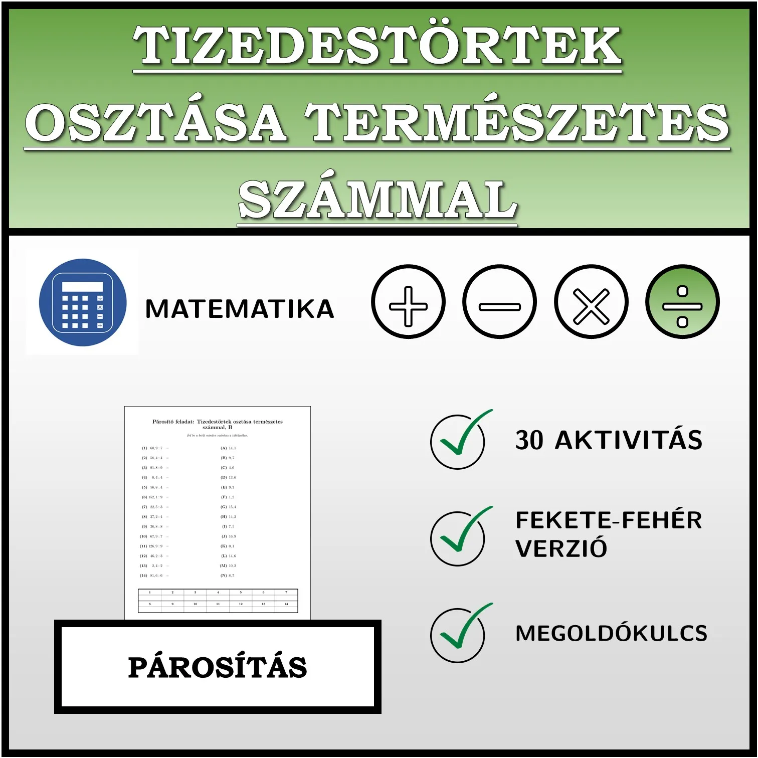 Párosító feladat: Tizedestörtek osztása természetes számmal