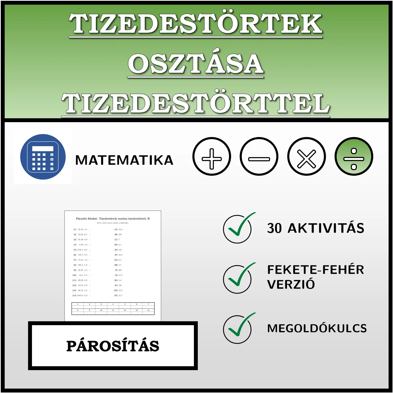 Párosító feladat: Tizedestörtek osztása tizedestörttel