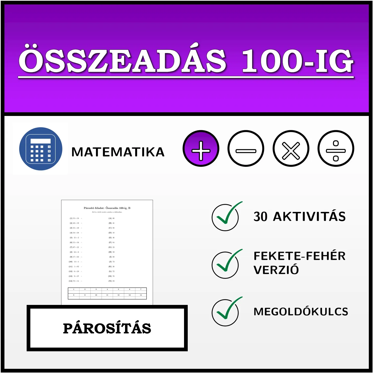 Párosító feladat: Összeadás 100-ig