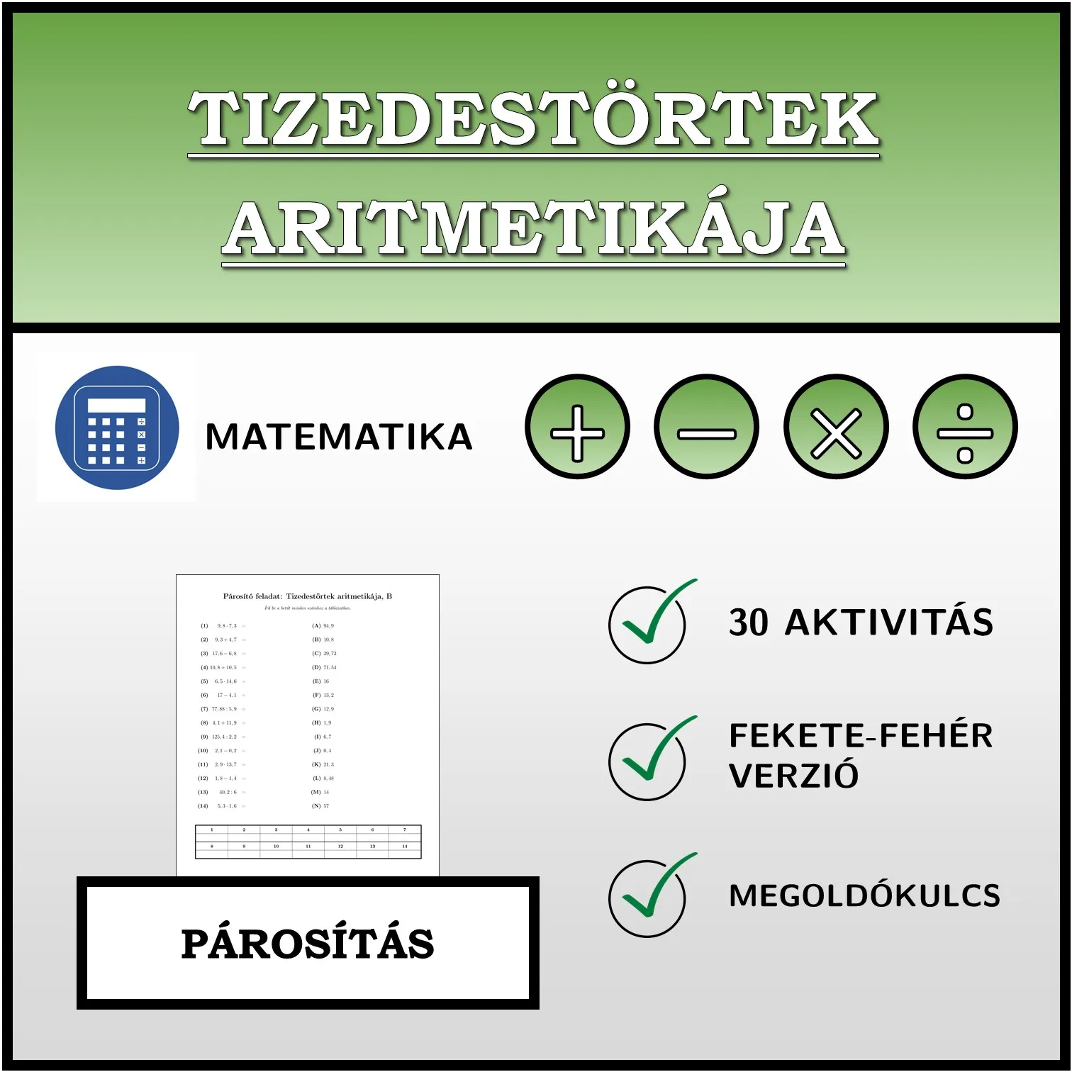 Párosító feladat: Tizedestörtek aritmetikája