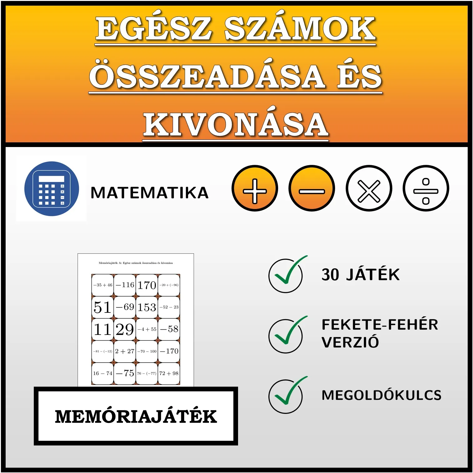 Memóriajáték: Egész számok összeadása és kivonása