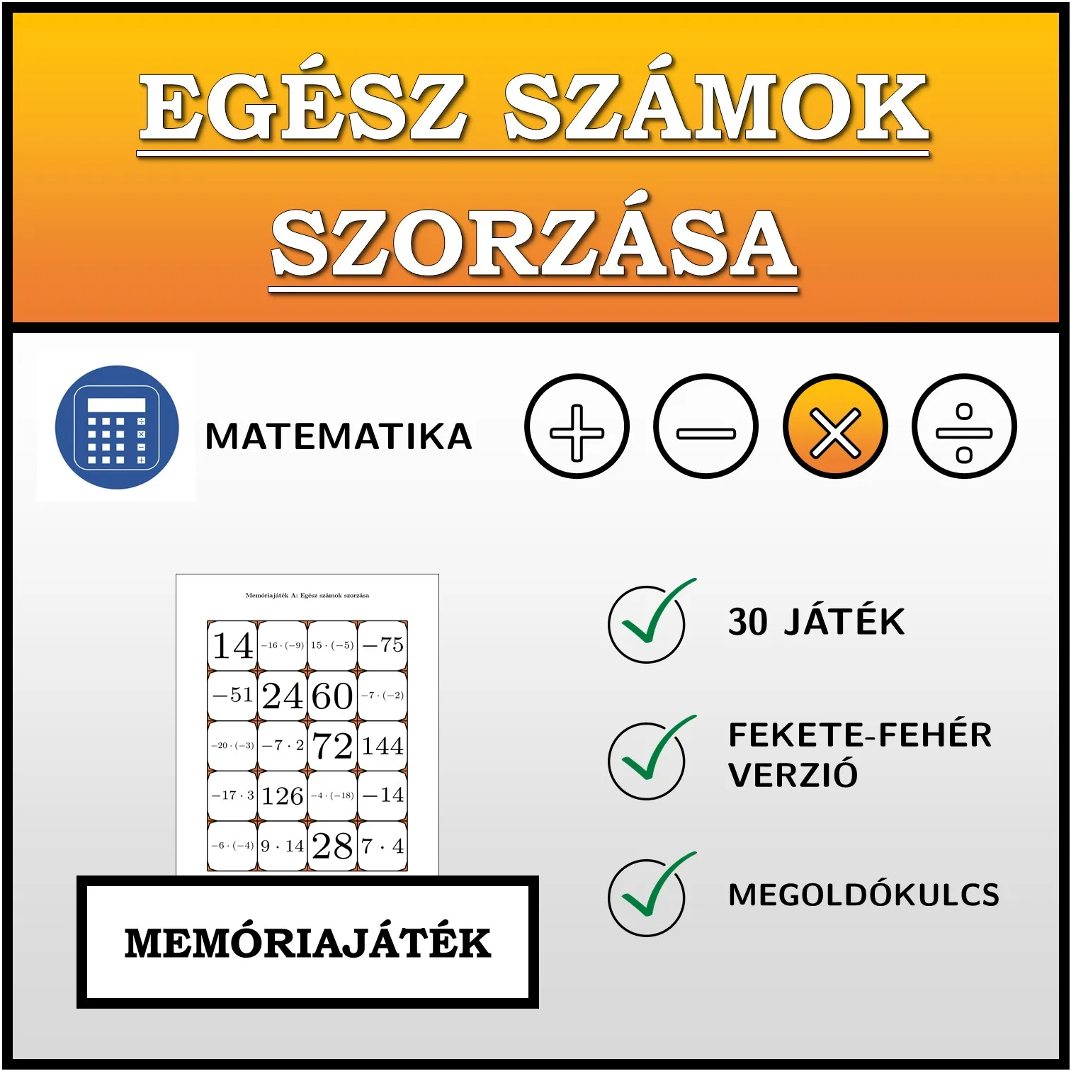 Memóriajáték: Egész számok szorzása