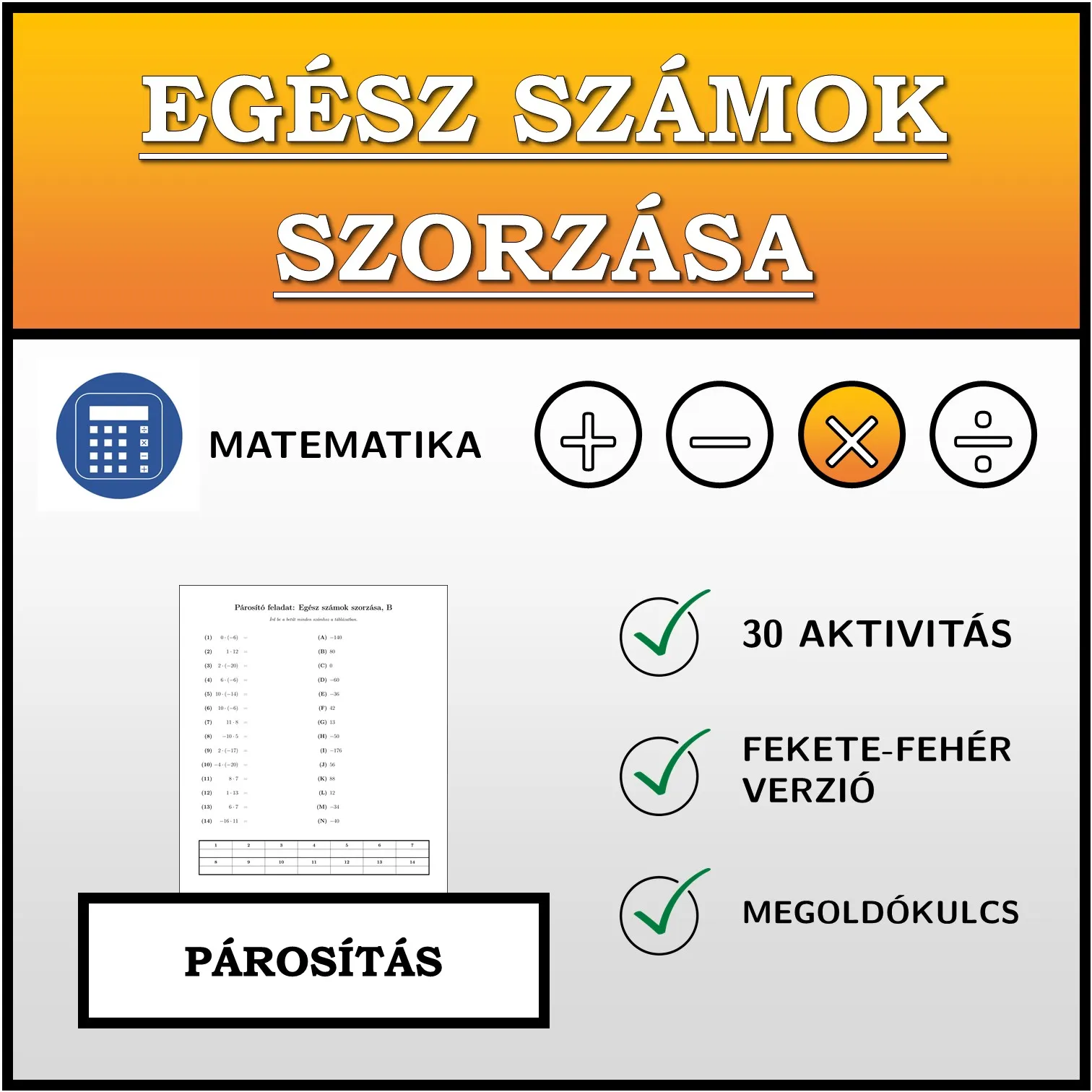 Párosító feladat: Egész számok szorzása
