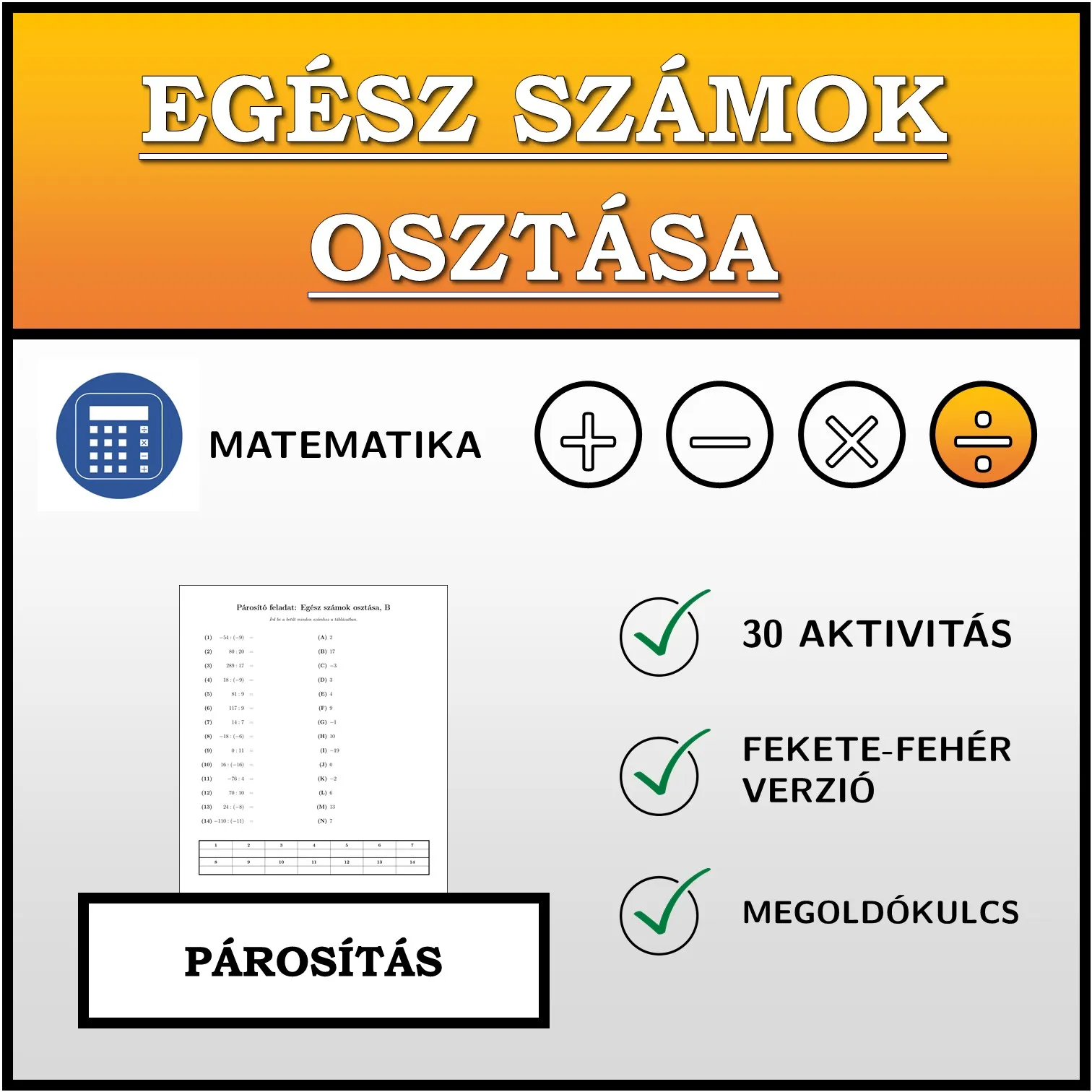 Párosító feladat: Egész számok osztása