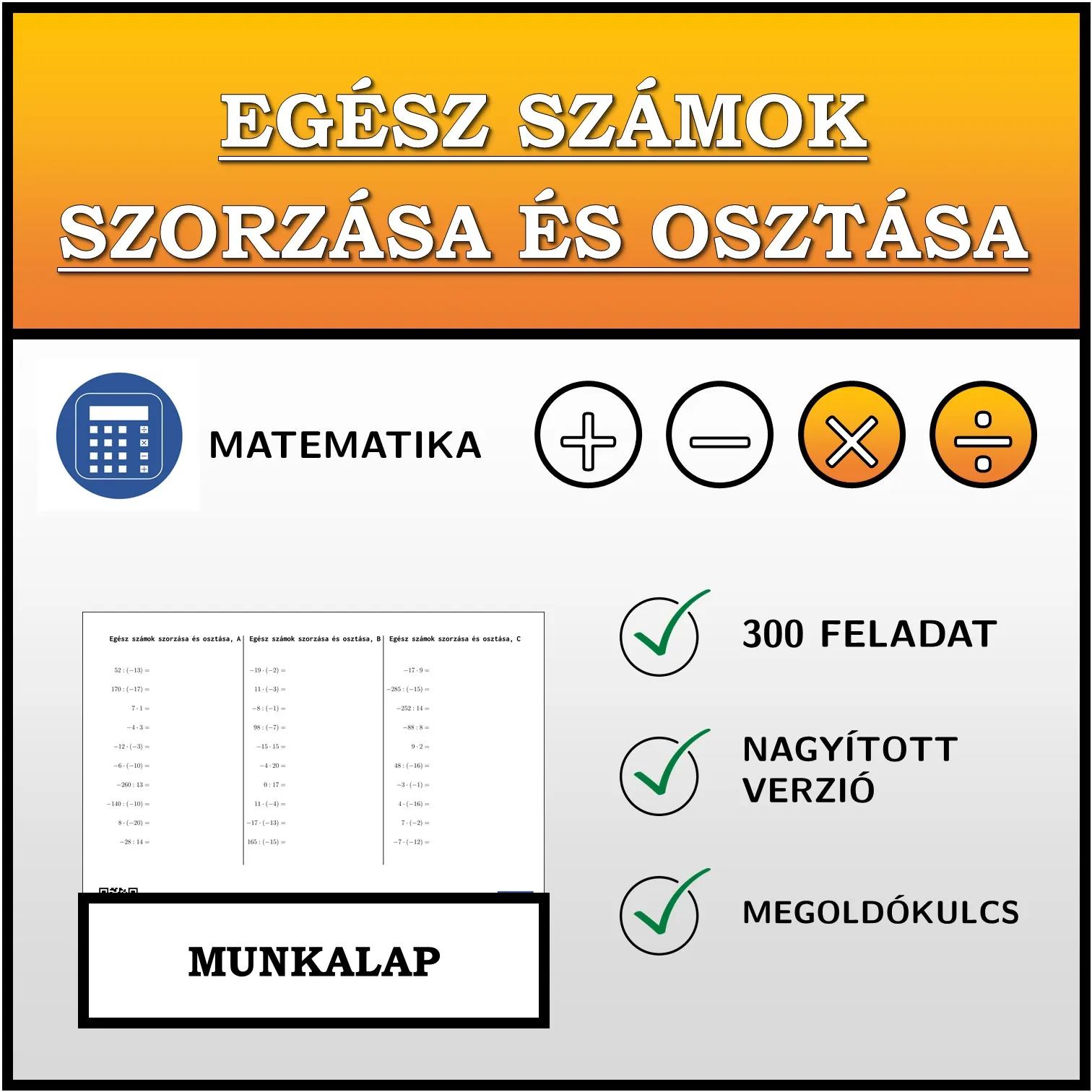 Munkalap: Egész számok szorzása és osztása