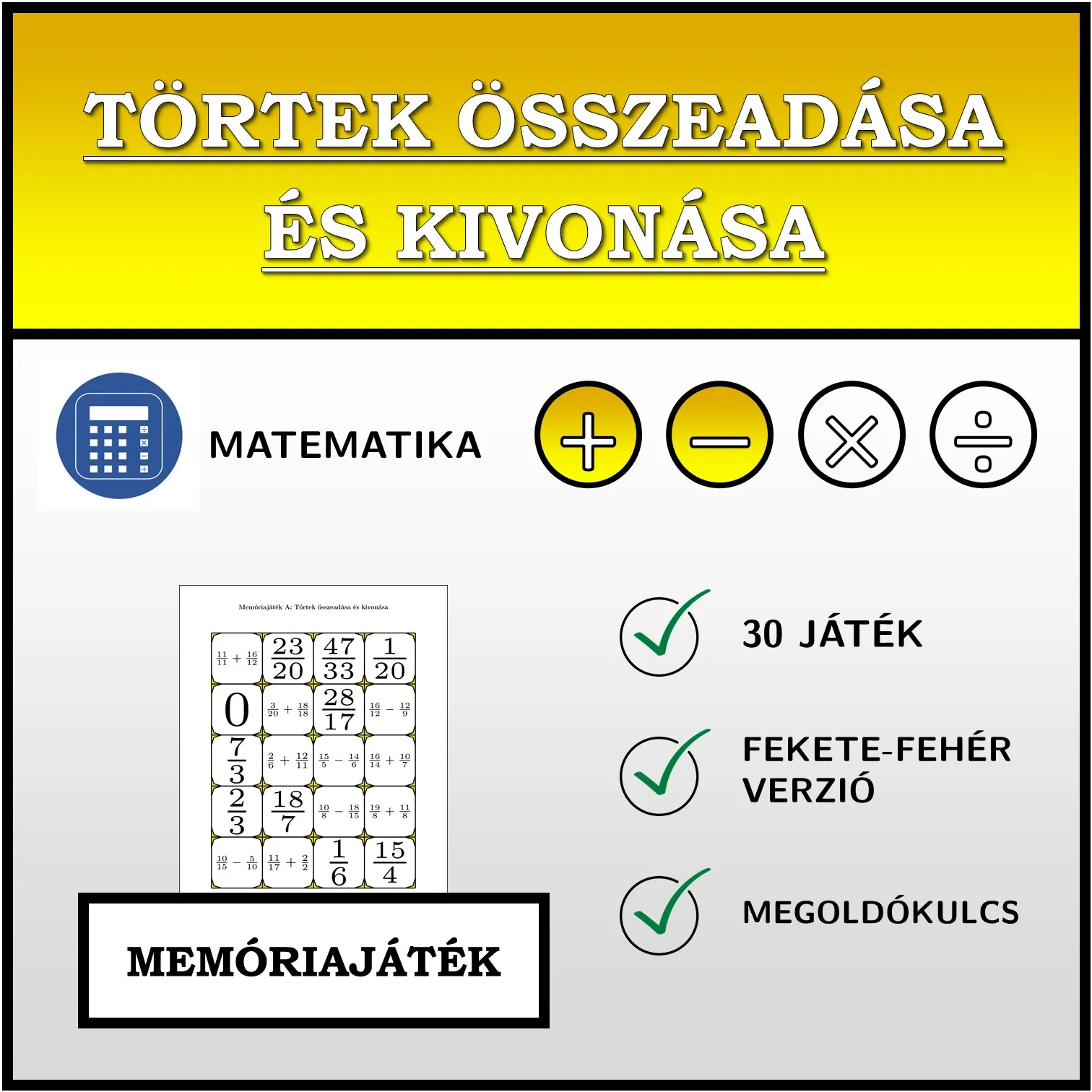 Memóriajáték: Törtek összeadása és kivonása
