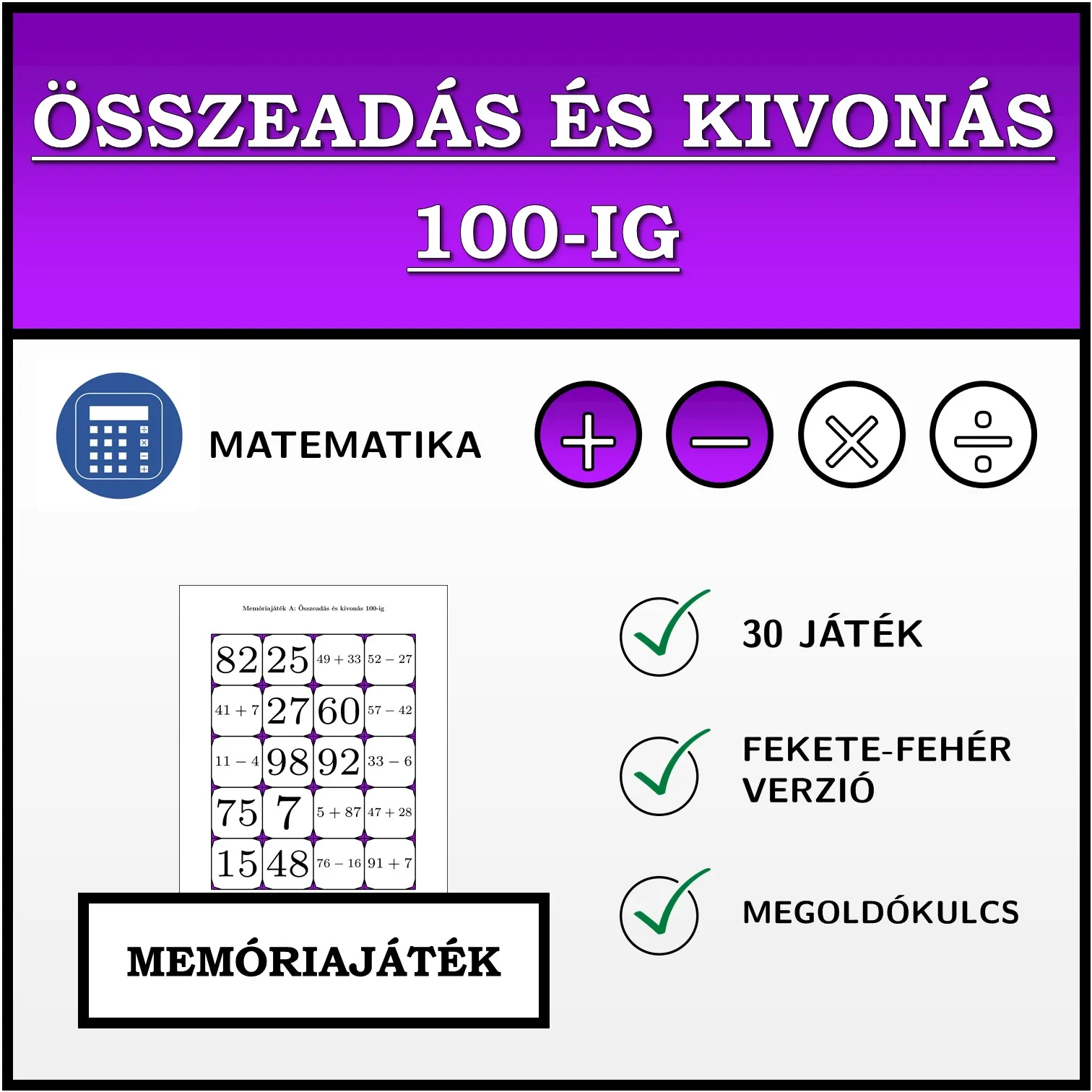 Memóriajáték: Összeadás és kivonás 100-ig