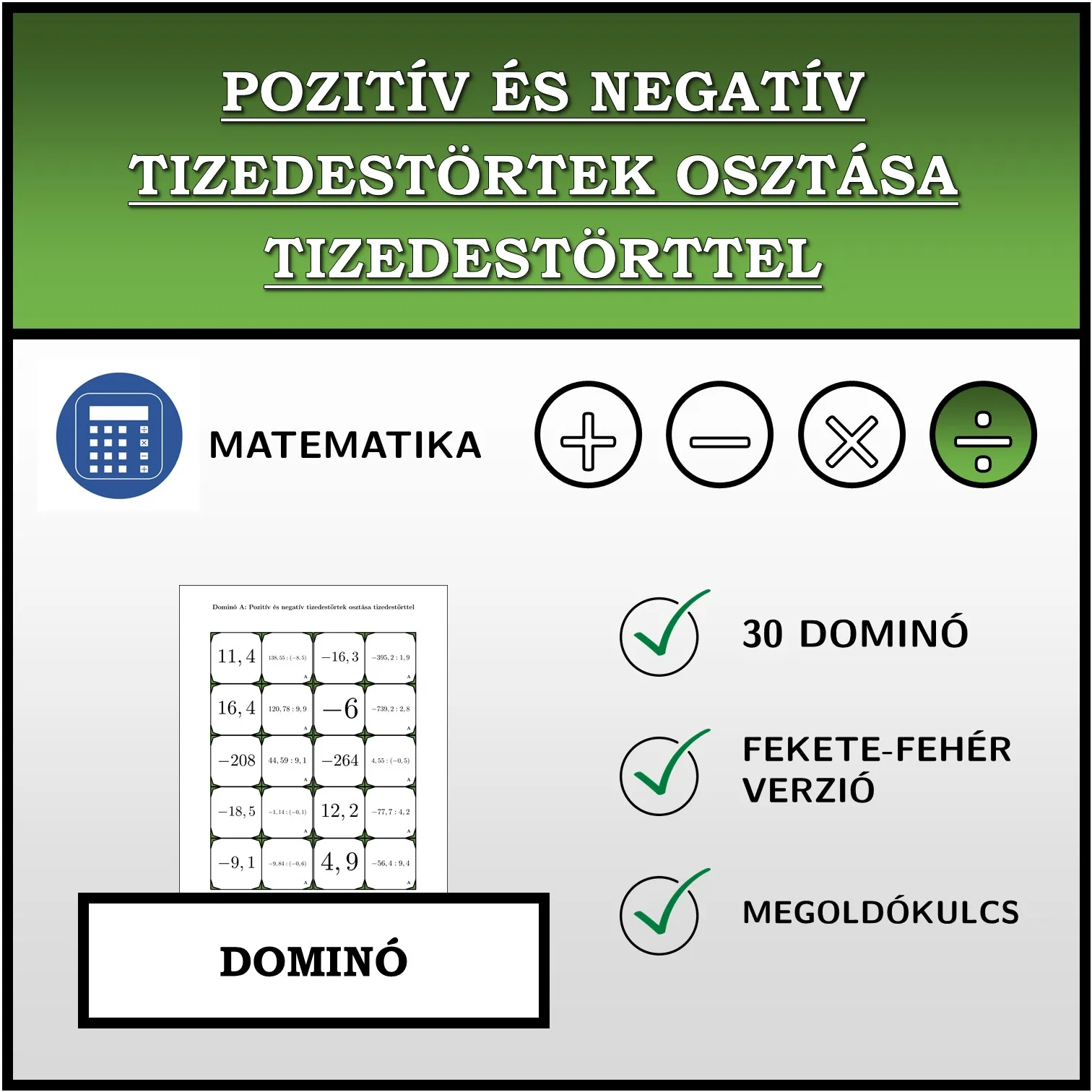 Dominó: Pozitív és negatív tizedestörtek osztása tizedestörttel
