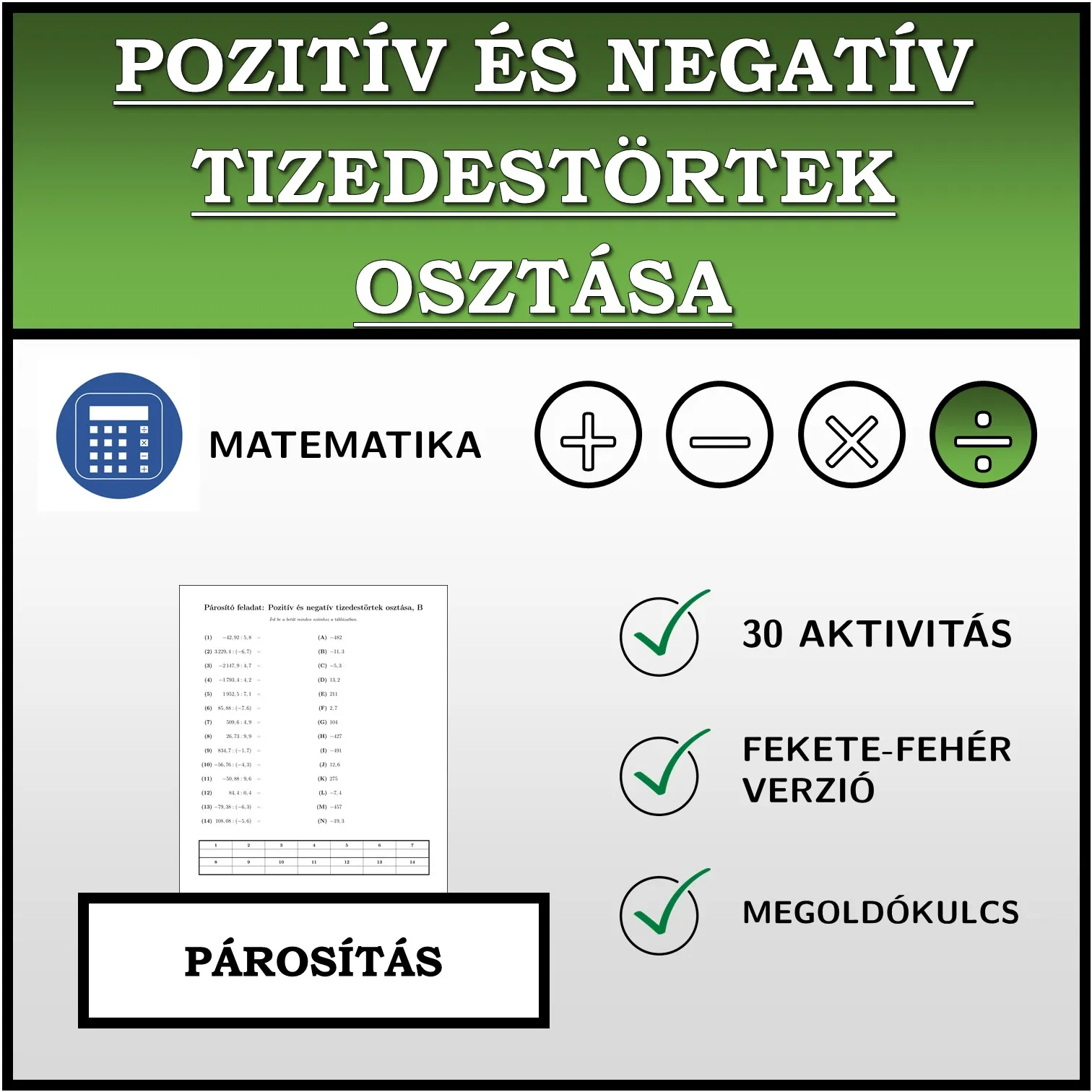 Párosító feladat: Pozitív és negatív tizedestörtek osztása