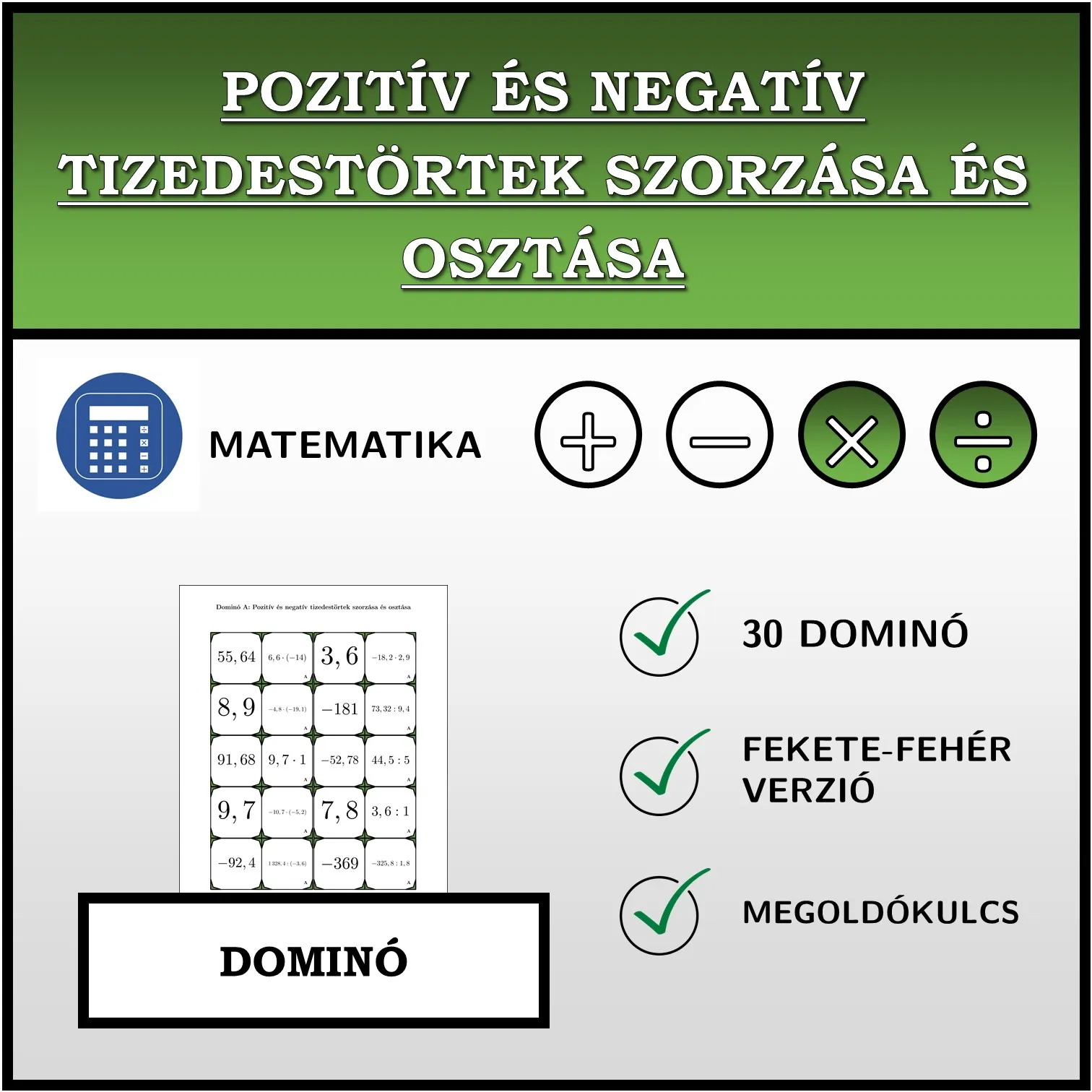 Dominó: Pozitív és negatív tizedestörtek szorzása és osztása