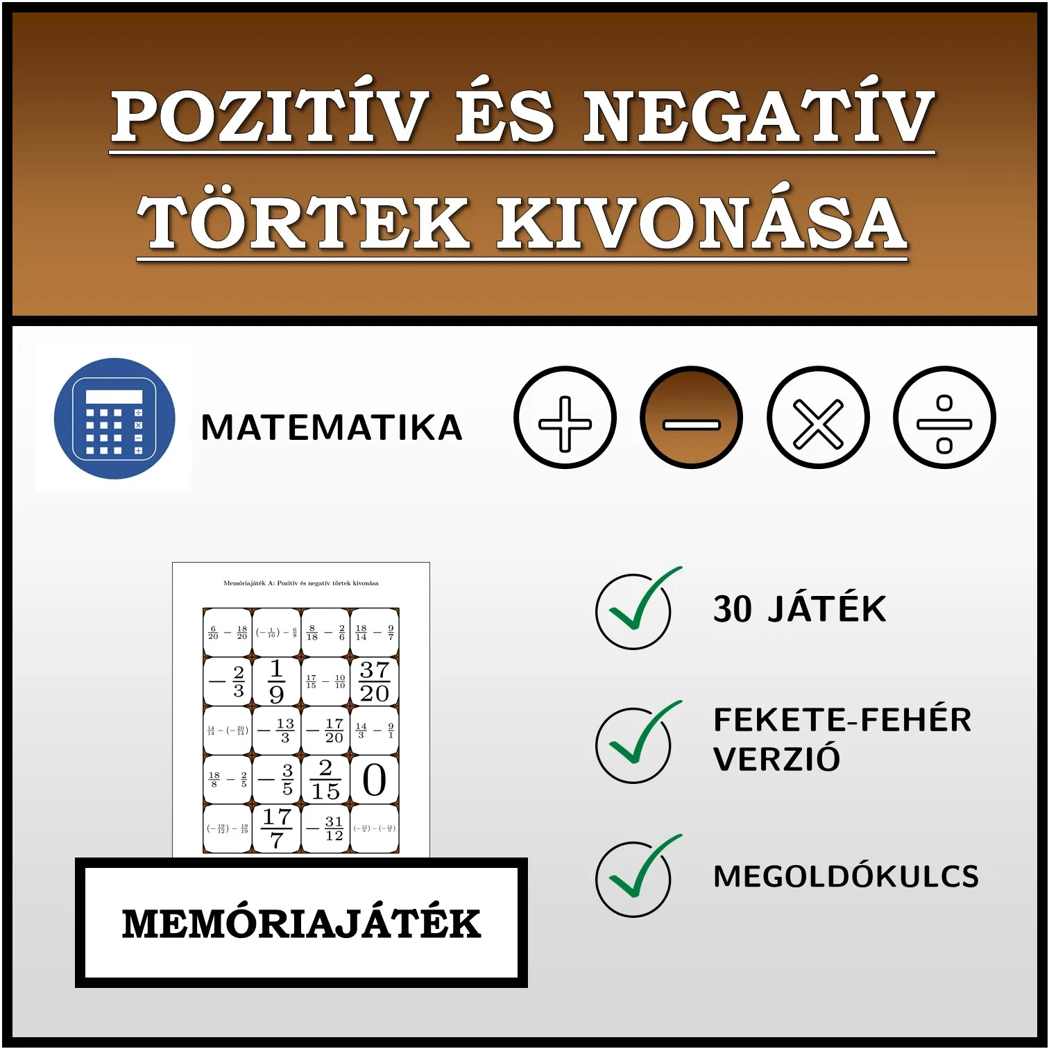 Memóriajáték: Pozitív és negatív törtek kivonása